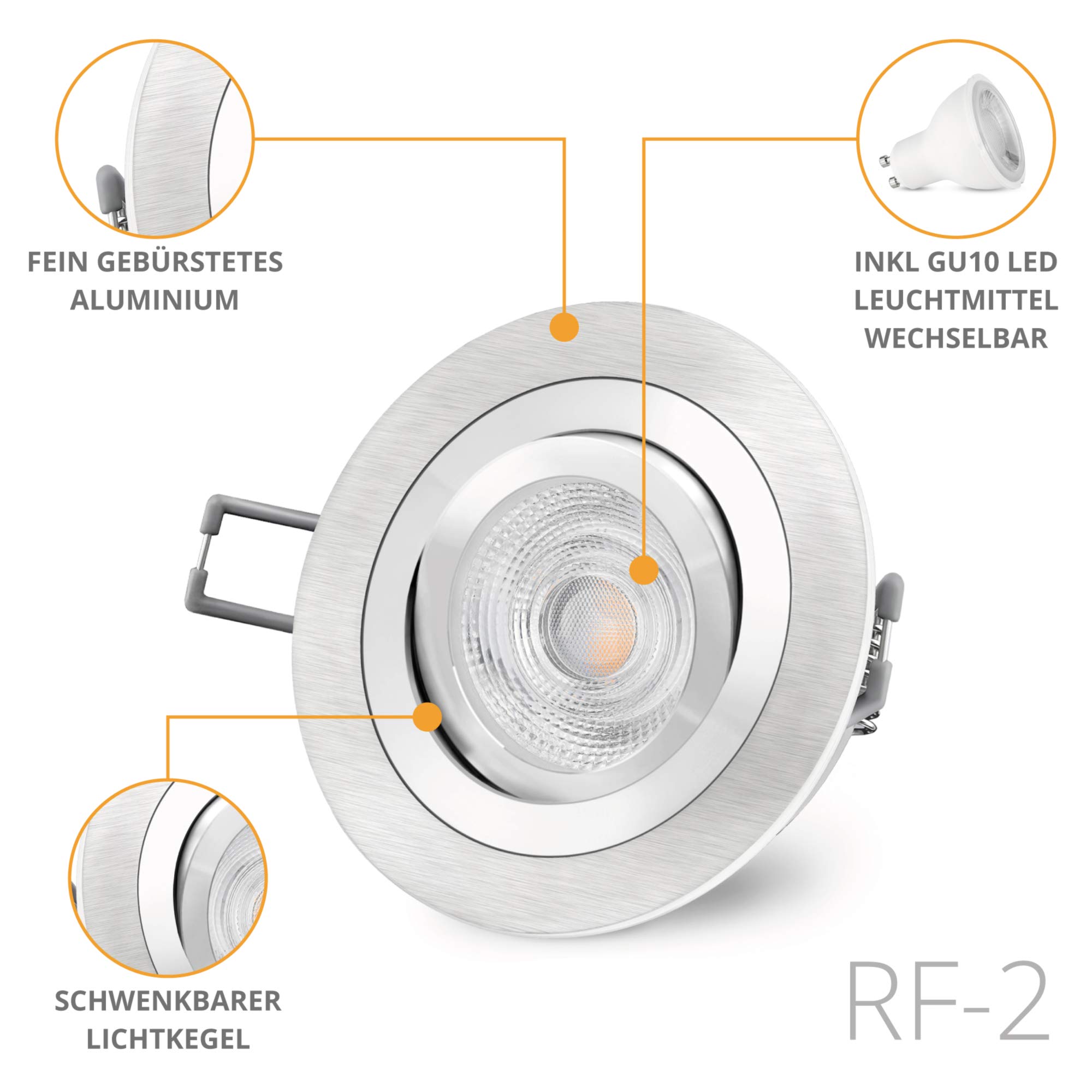 SSC-LUXon 6 Stück RF-2 runde Einbauspots LED Set schwenkbar gebürstet - mit GU10 LED 5W LumiFLEX drei Lichtmodi - Alu Einbau Deckenspot