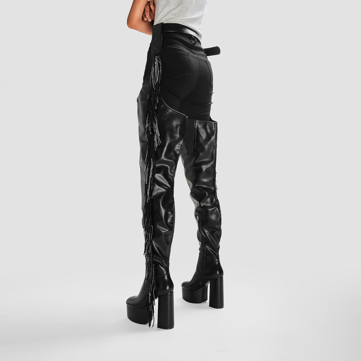 DETOGNI Women's Belted Over The Knee Platform Long Boots Fringes Silver Shine Studs Block Heels Thigh High Boots - Image 7