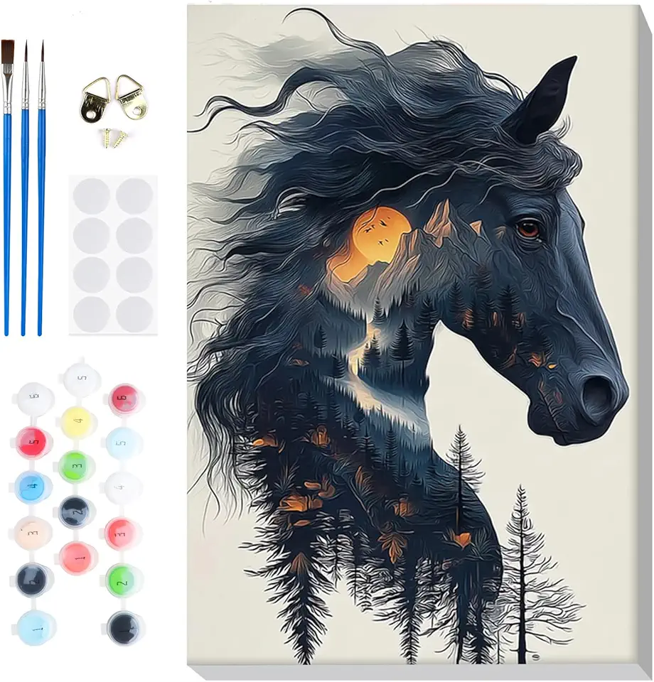 Bowetile Kit de pintura de cavalo emoldurada por números para adultos, kits de pintura por números em tela, pintura por números de animais, pintura de números de animais em acrílico para decoração de