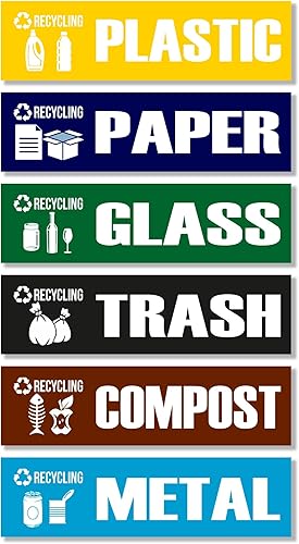 GamesMonkey - Pegatinas de reciclaje para basura, latas de plástico de compost y vidrio, papel metálico - Paquete de 6 adhesivos - Vinilo