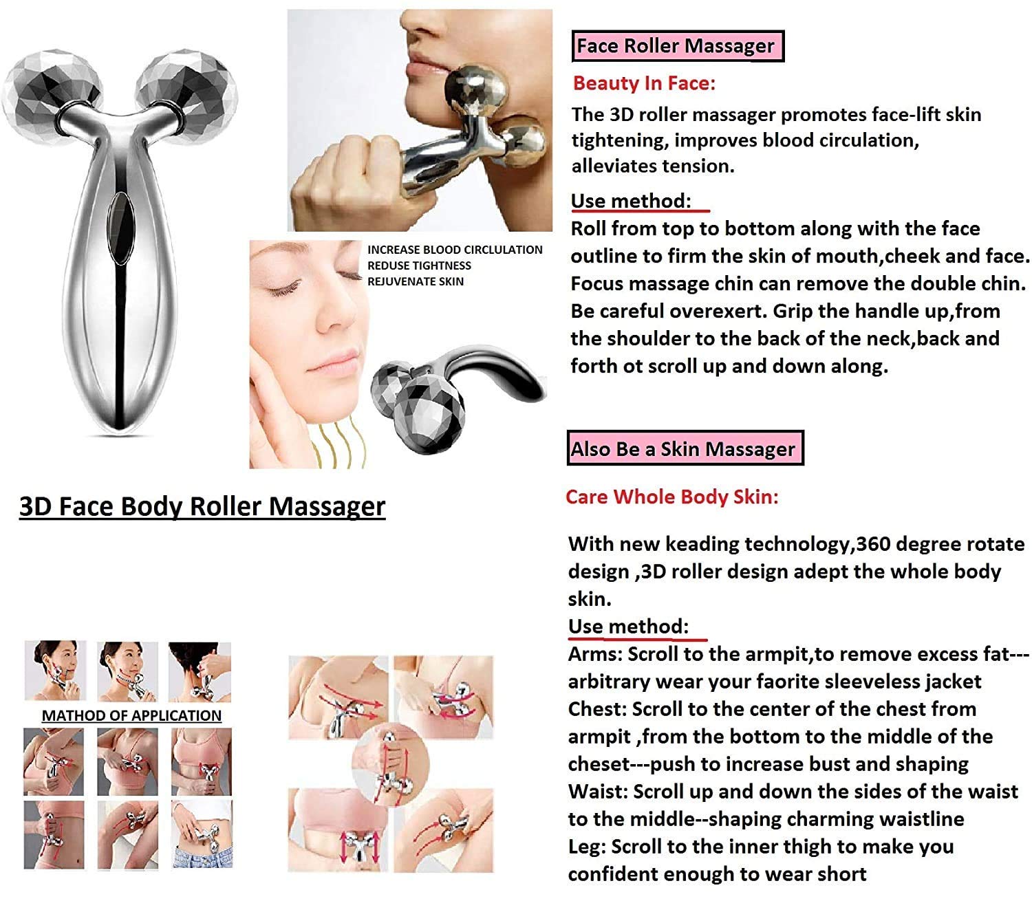 JEEJEX 3DManual-Roller Face,Body Massager Lifting Wrinkle Remover Facial Massage Relaxation Tightening Shaping Massage Roller 3