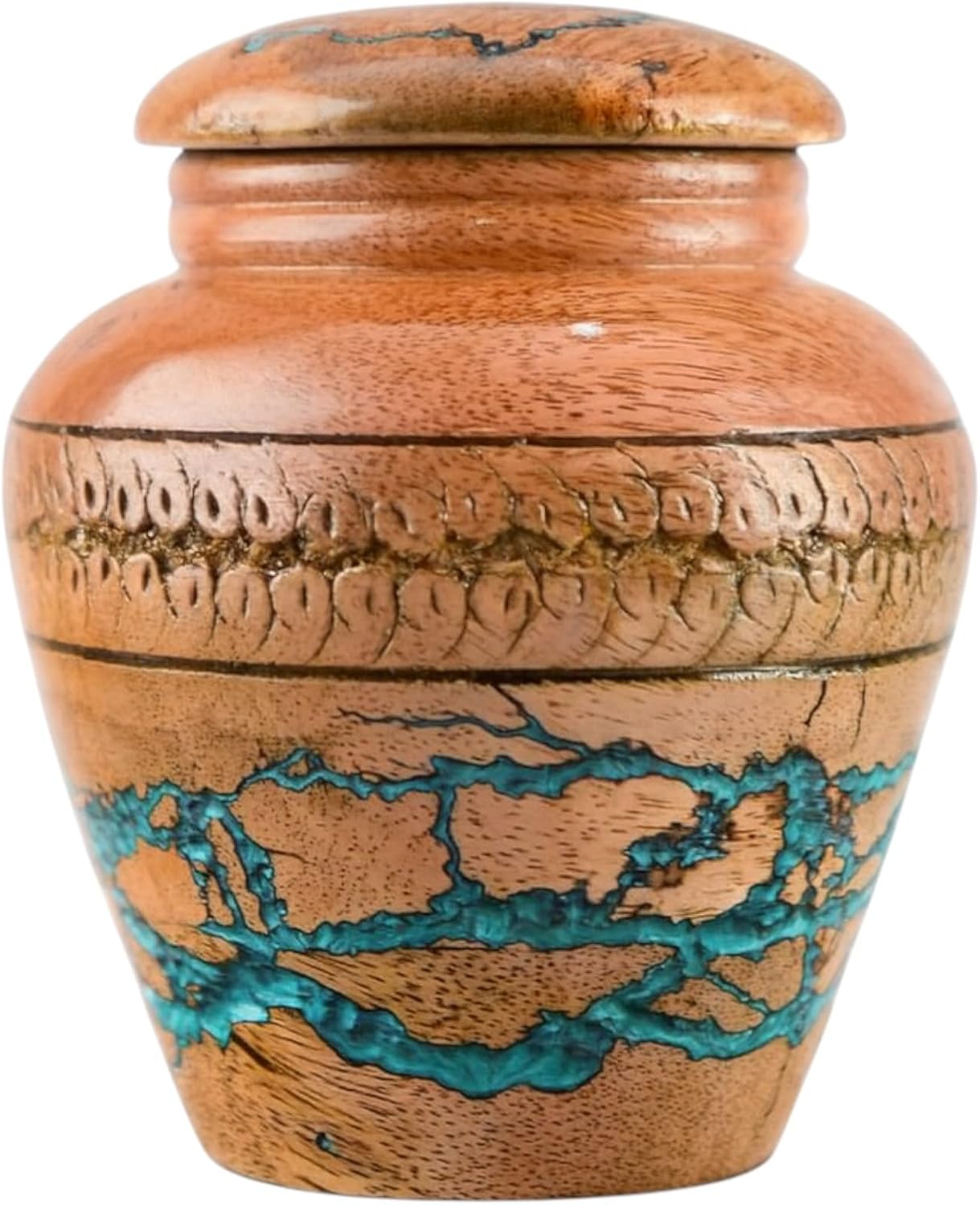Premium Wooden Cremation Urn with Turquoise Inlay – Handcrafted Memorial Urn for Ashes – Decorative Urn Box for Pets Ashes Resin Design (Small - 20 lbs)