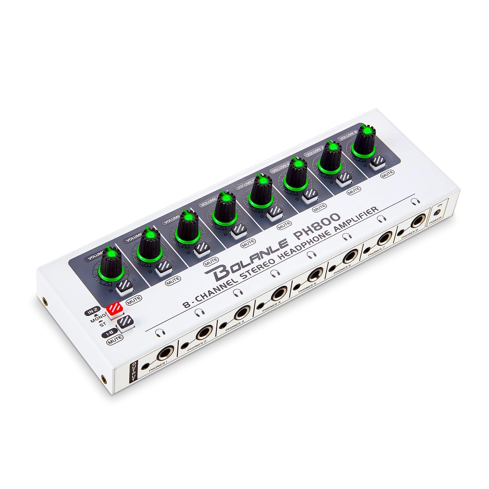 Bolanle PH800 8-Channel Headphone Amp - 16 Output Ports, Jacks 3.5mm&6.35mm, Compact Mono/Stereo Switch, Breathing 7 Color Light