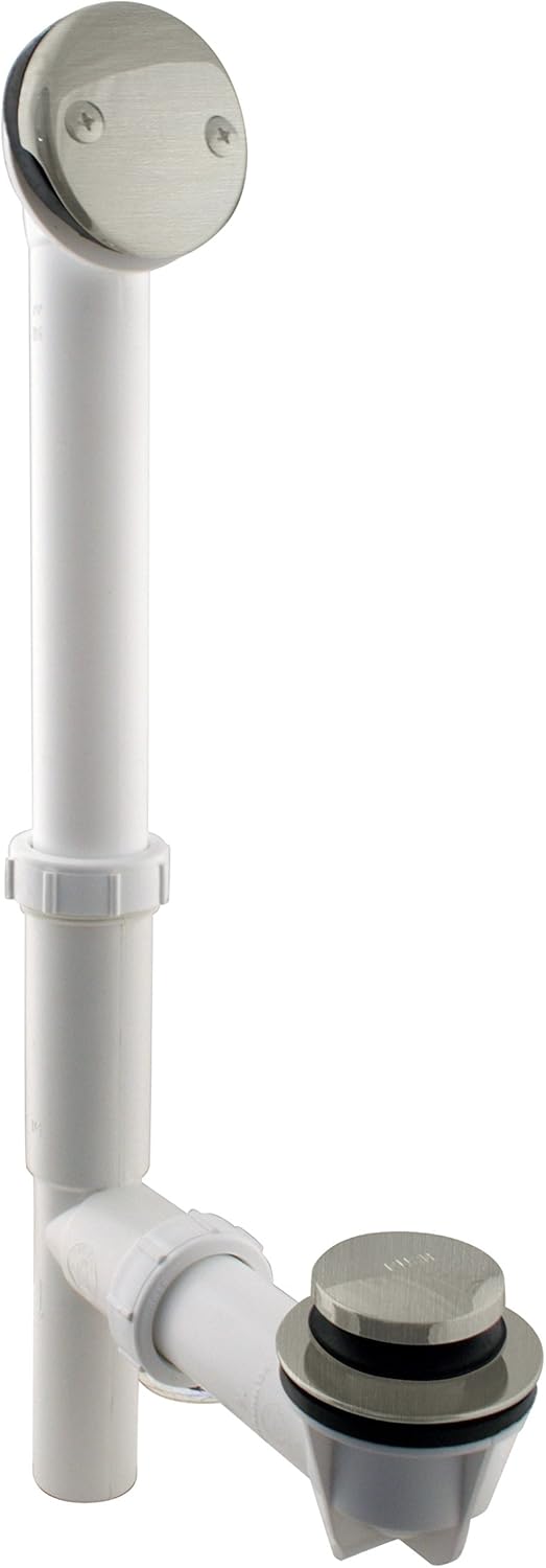 Westbrass 593244-07 14" x 1-1/2" White Tubular Bathtub Waste & Overflow Assembly with Tip-Toe Drain Plug and 2-Hole Faceplate, 1-Pack, Satin Nickel - Walk In Bathtubs - 
