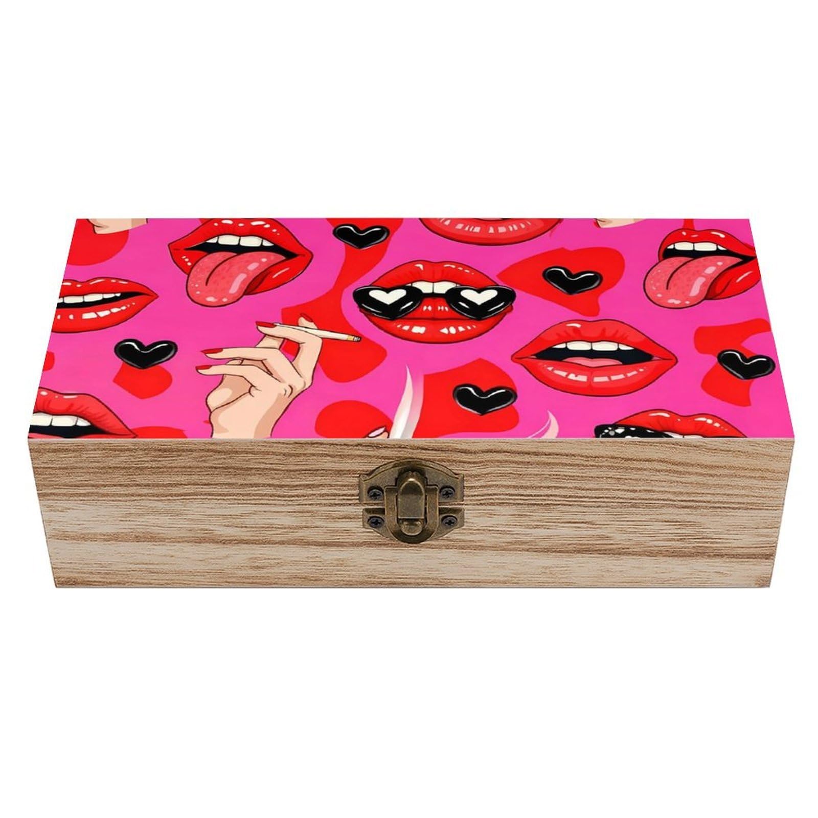 HLBSDM Trippy Cool Hippie Lip Art Pink Wooden Storage Box