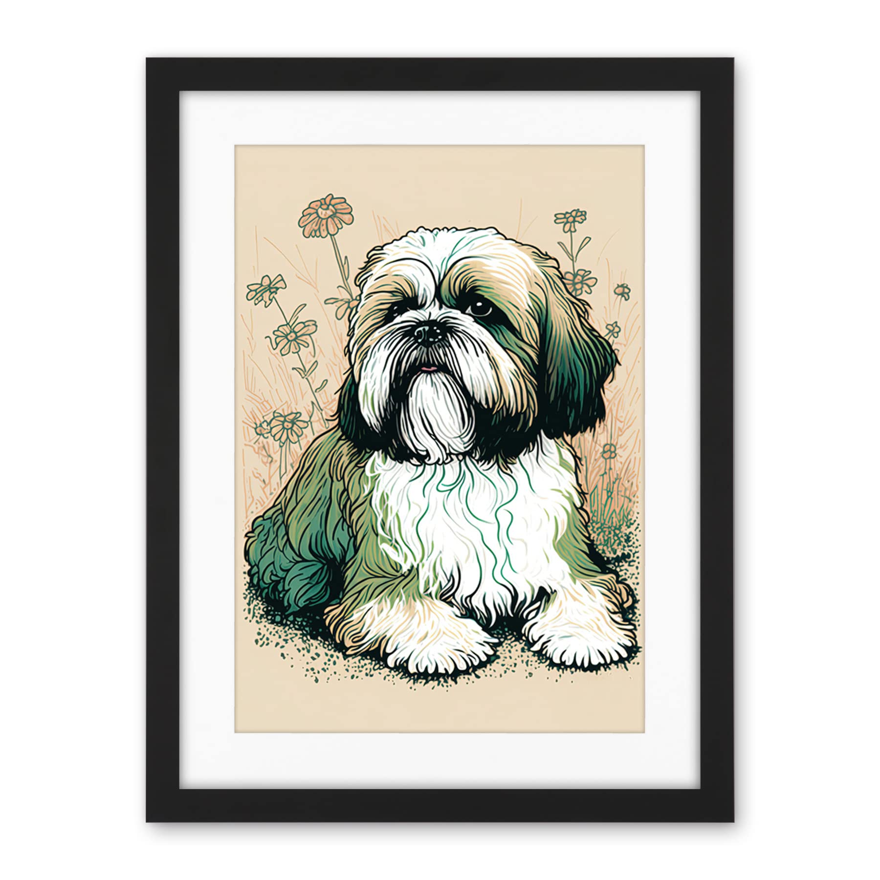 Artery8 Shih Tzu Dog with Daisies Modern Multicoloured Linocut Illustration Artwork Framed Wall Art Print 18X24 Inch