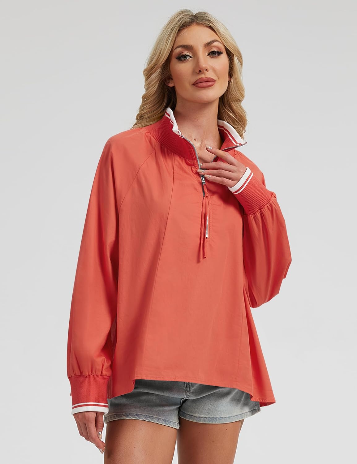 Womens Half Zip Blouses Puff Long Sleeve Henley Shirts Dressy Casual Contrast Collared Loose Fit Swing Tunic Tops - Image 2