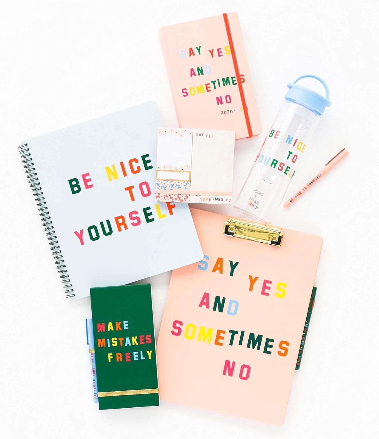 ban.do Rough Draft Blue Large Spiral Notebook with Saying, 11" x 9" with Pockets and 160 College Ruled Pages, Be Nice To Yourself