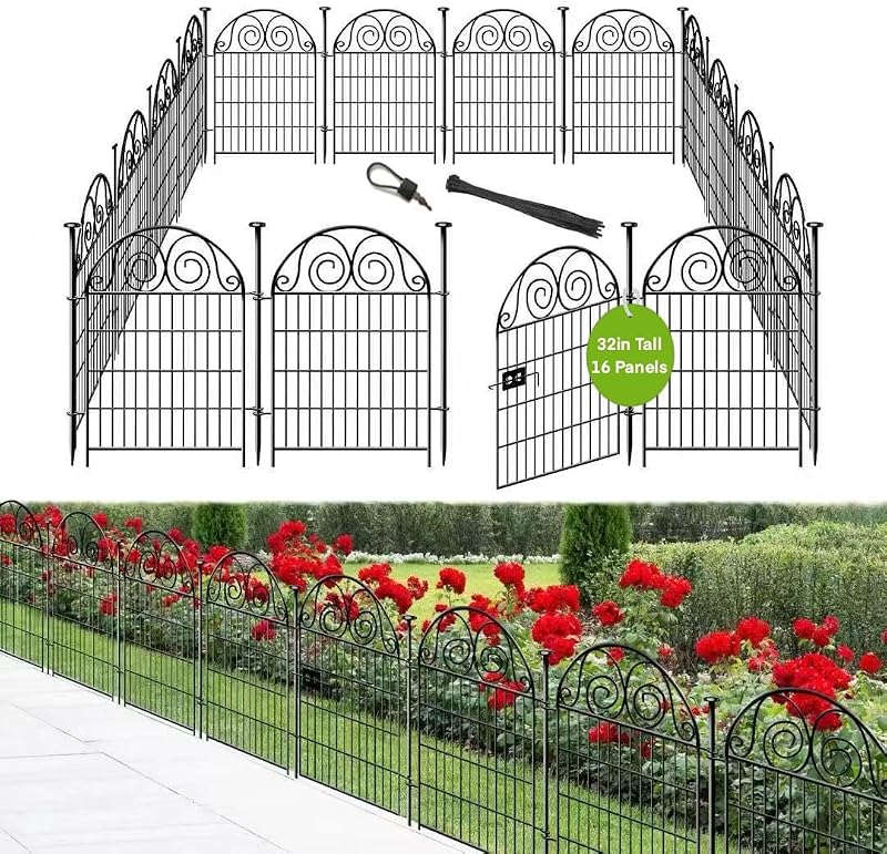 Valla de jardín alta para animales con puerta, 32 pulgadas de alto, 16 paneles, vallas y bordes de jardín para perros, valla para perros al aire libre para patio, longitud total de 35 pies, valla temporal de metal, patentada