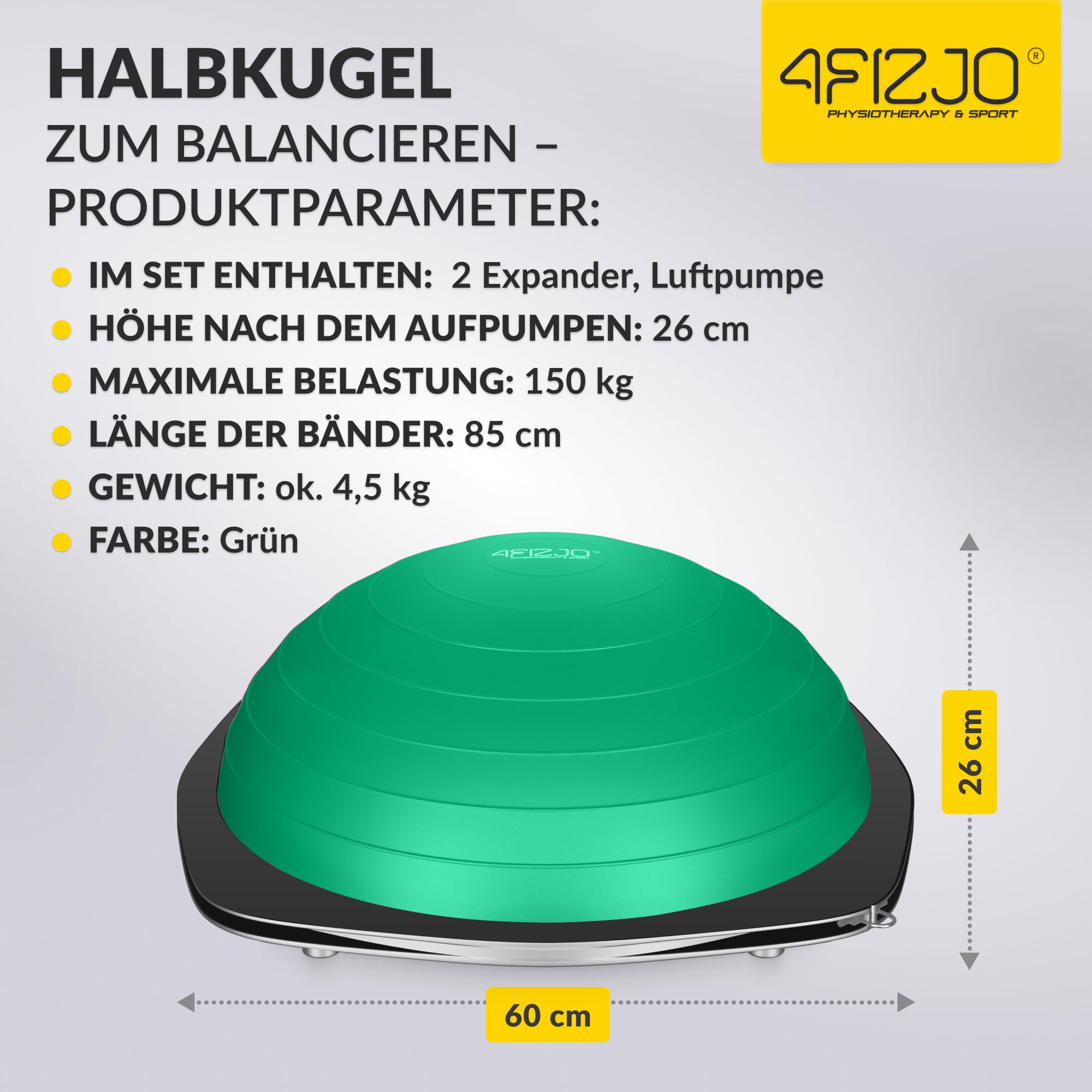 4FIZJO Balance Ball Trainer 60cm Anti-Rutsch, Halbkuge, Gymnastikball für Yoga Fitness, mit Widerstandsbändern, Pumpe, Gleichgewichtstraining, Krafttraining, Fitnessball