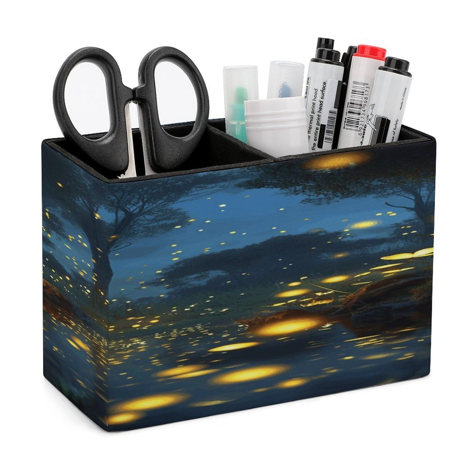 VstaDank Fireflies Pen Holder Double Compartments Pen Cup Fashion Makeup Brush Holders Leather Pencil Holder for Work Locker Accessories Modern Pencil Cup for Desk Organizer