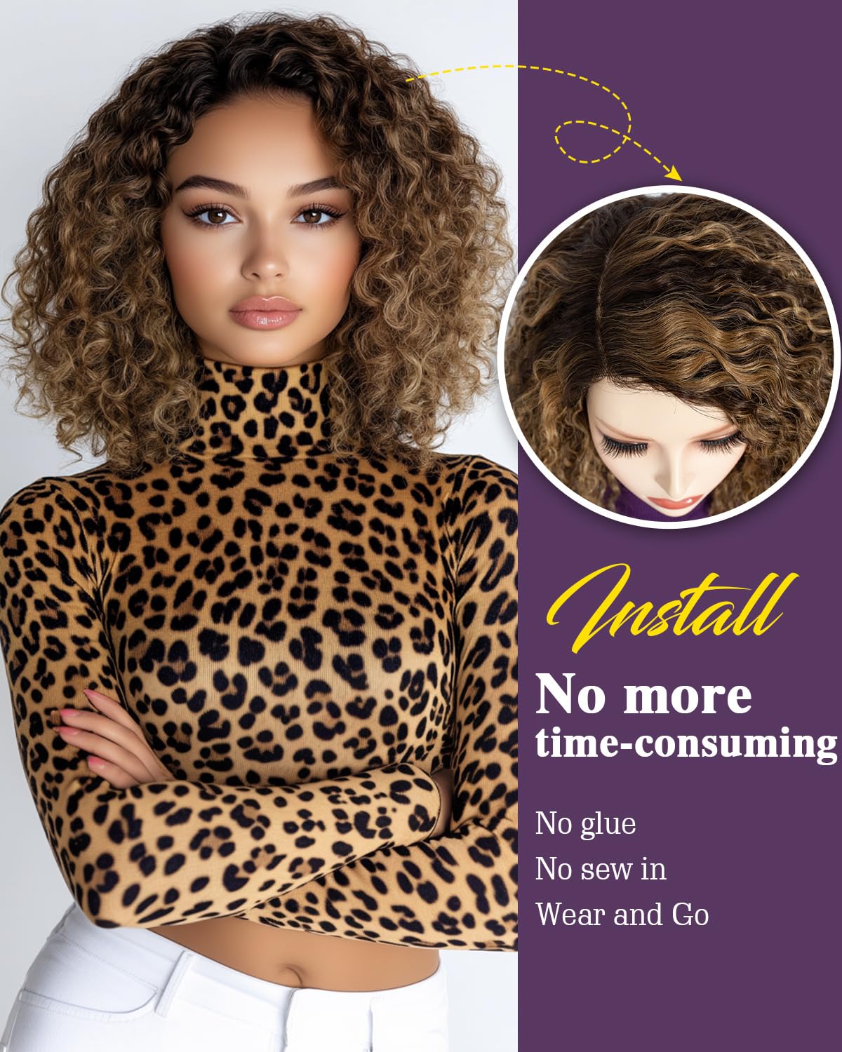 FASHION IDOL Short Curly Bob Human Hair Wig Precut Preplucked Glueless Wear and Go C-Type Part Lace Wig 200% Density Upgraded Invisible Secret Glueless Human Hair Ready to Wear Wigs - Image 3