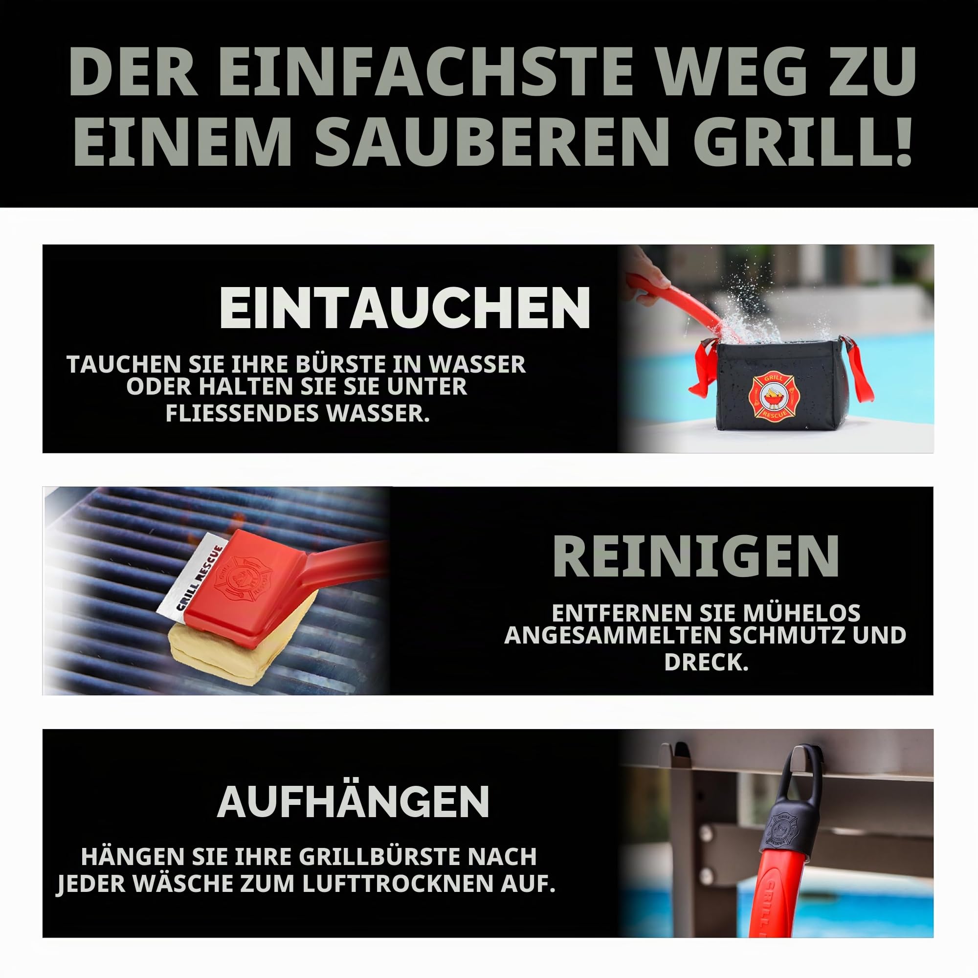 Grillbürste borstenfrei - Sichere BBQ Grillbürste für Gas-, Holzkohle-, Gusseisen- & Edelstahlroste - Langlebige, hitzebeständige Grillreinigungsbürste mit austauschbarem Kopf & Aufhängehaken