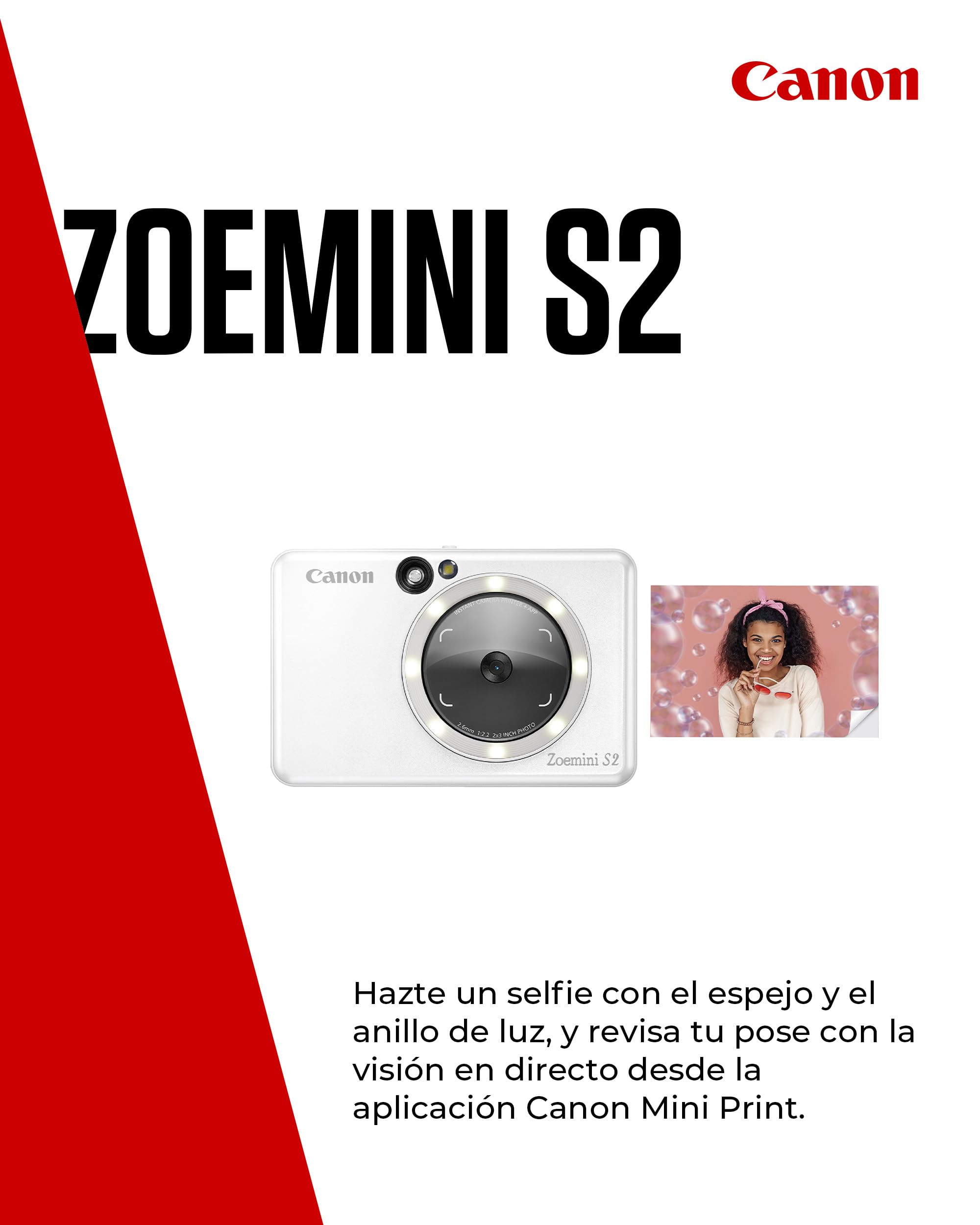 Canon Zoemini S2 Cámara Instantánea con Impresora Fotográfica de 8 MP – con Espejo, Anillo de Luz y Papel Fotográfico Zink Adhesivo (Blanco Perla)