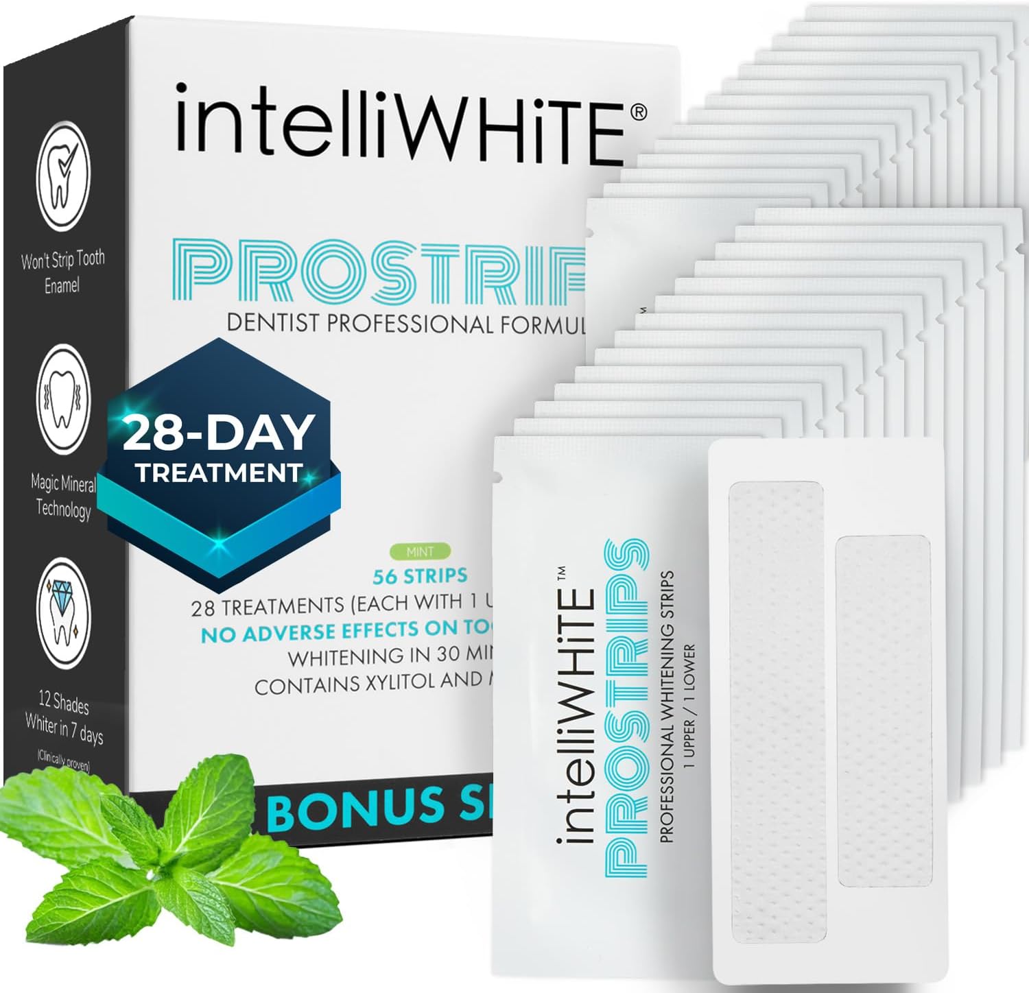 IntelliWHiTE ProStrips Teeth Whitening Strips, 28 Day Treatment, Whitens Up to 12 Shades, Enamel-Safe Gentle Remineralizing Formula, Dentist Formulated for Sensitive Teeth, (56pk Mint Flavor)