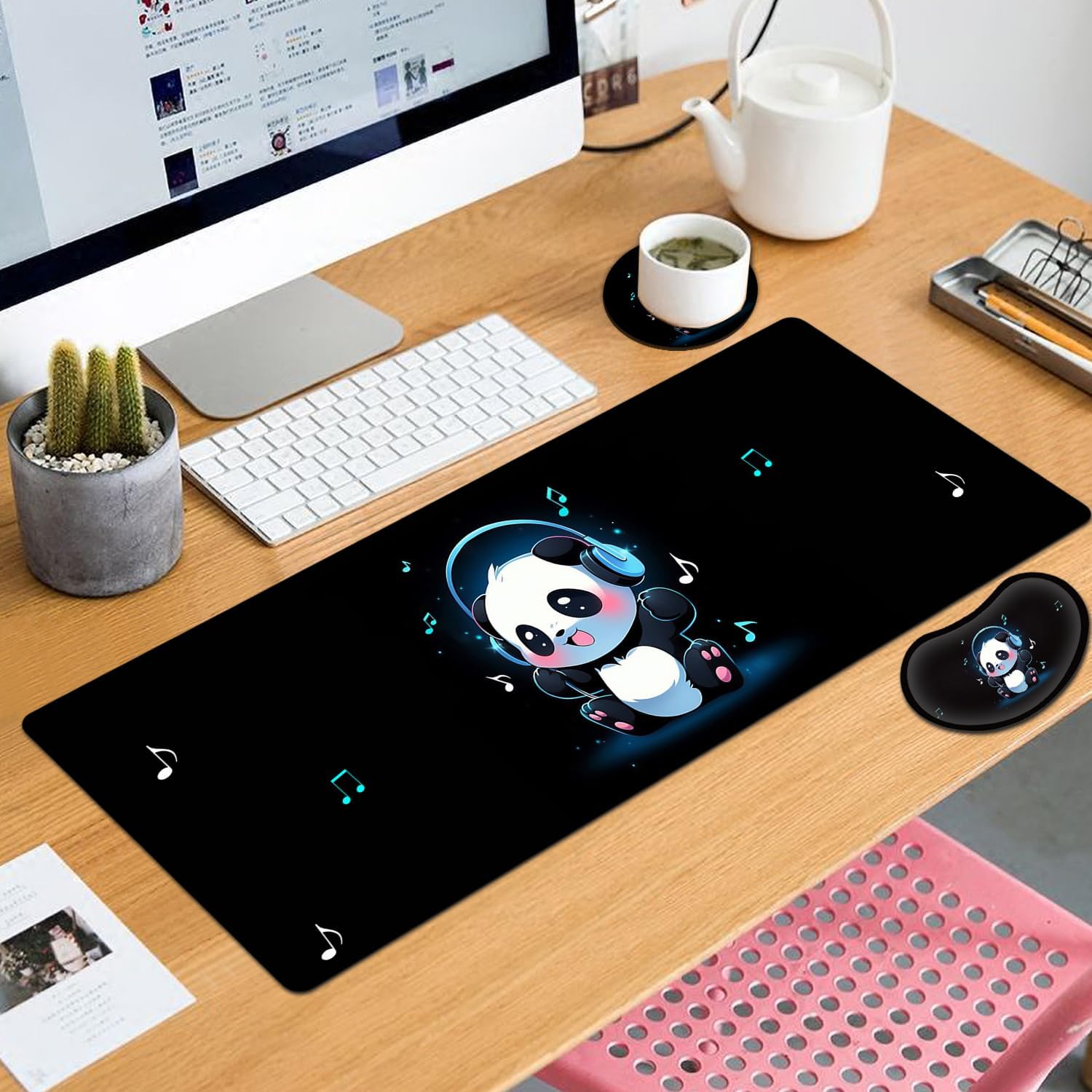 Large Mouse Pad with Mouse Wrist Rest, 31.5x11.8 in Extended Mouse Mat with Non-Slip PU Base, Ergonomic Memory Foam Wrist Rest, for Work & Gaming Writing Pad, Cute Panda Black Office Desk Pad