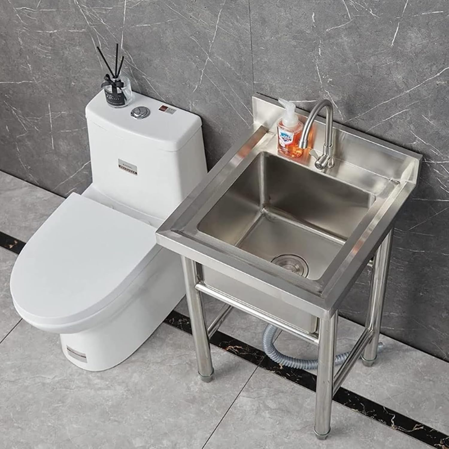 304 Stainless Steel Sink, Commercial Kitchen Sink, Utility Washing Hand Basin with Cold Faucet, Laundry Tub for Washing Room,Silver-60x60x80cm