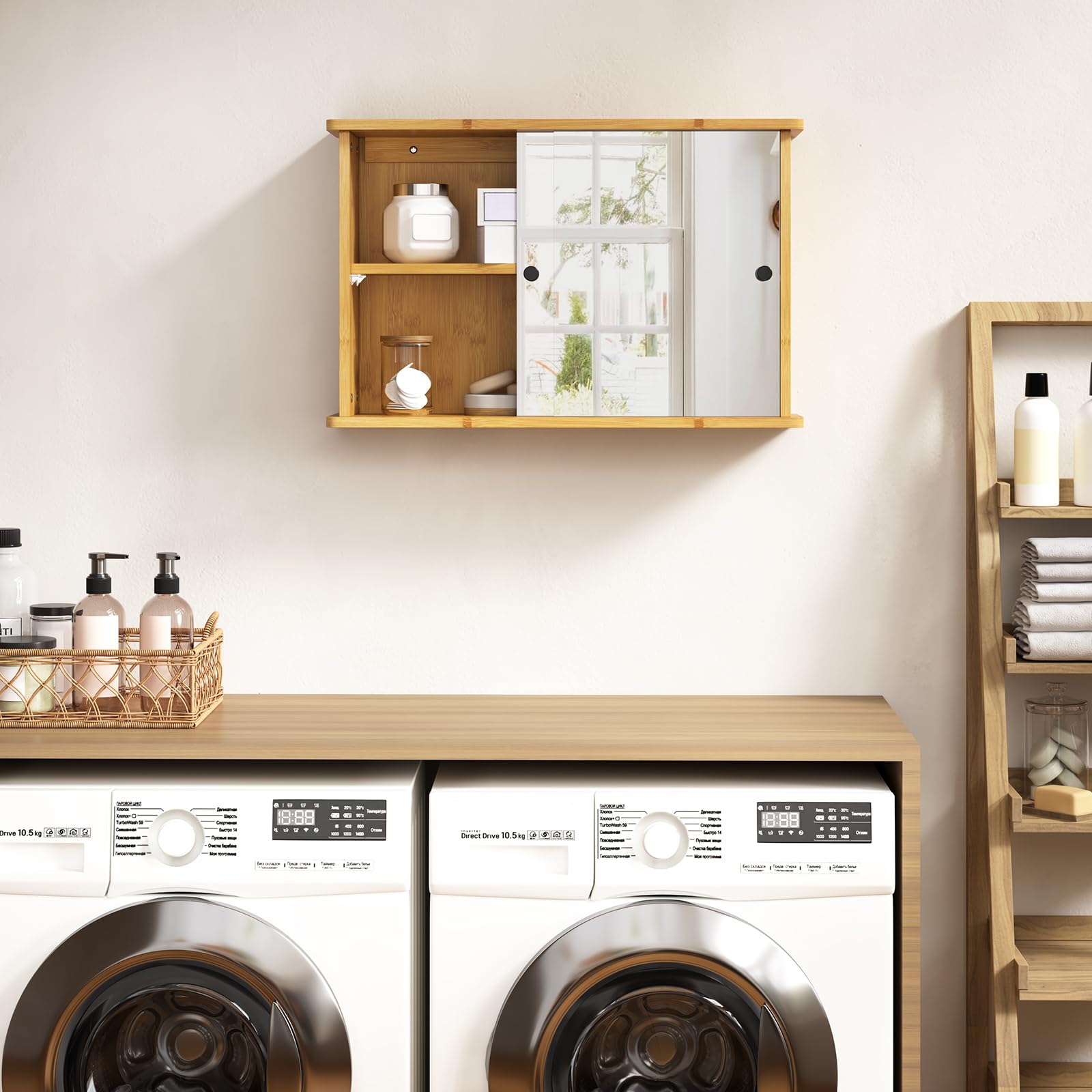 EUGAD Armario de Pared para Baño con 2 Estantes Interiores, Mueble Baño de Bambú, con Espejo y Estante Ajustable para Almacenamiento, Cocina y Dormitorio, 55x14x35,5 cm