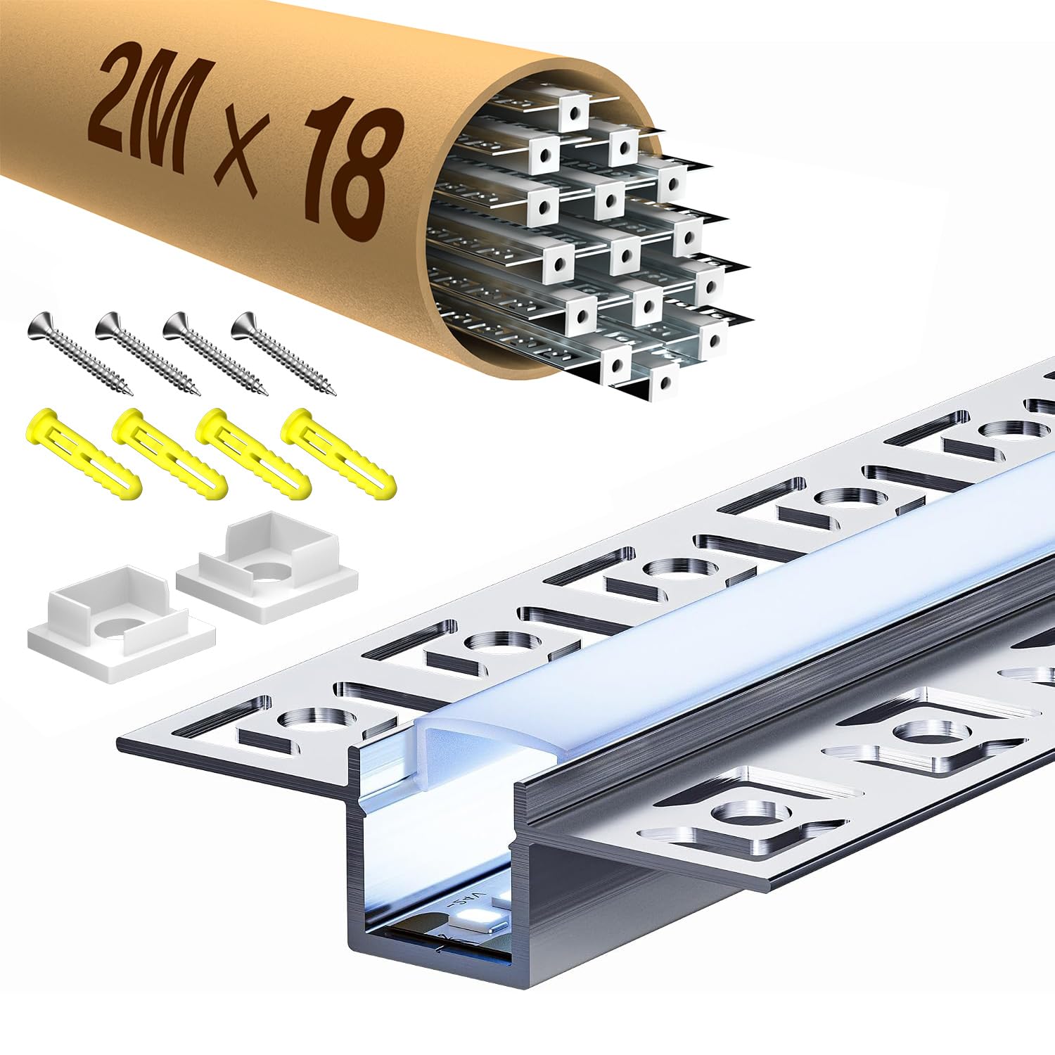 18 profili per cartongesso a LED, 2 m, 2 m, profilo in alluminio, canale e diffusore, per illuminazione indiretta, soffitto