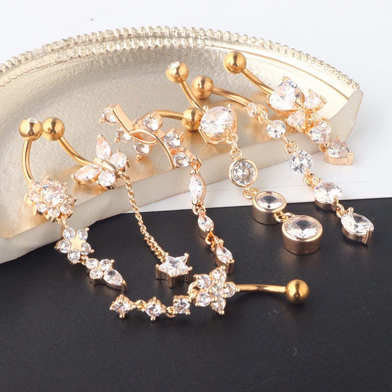 Piercing Banane, Bauchnabelpiercing Glitzer Edelstahl 7 Stück 14G Weiß Rund Zirkonia Blumen Stern Schmetterlings Herz Quaste