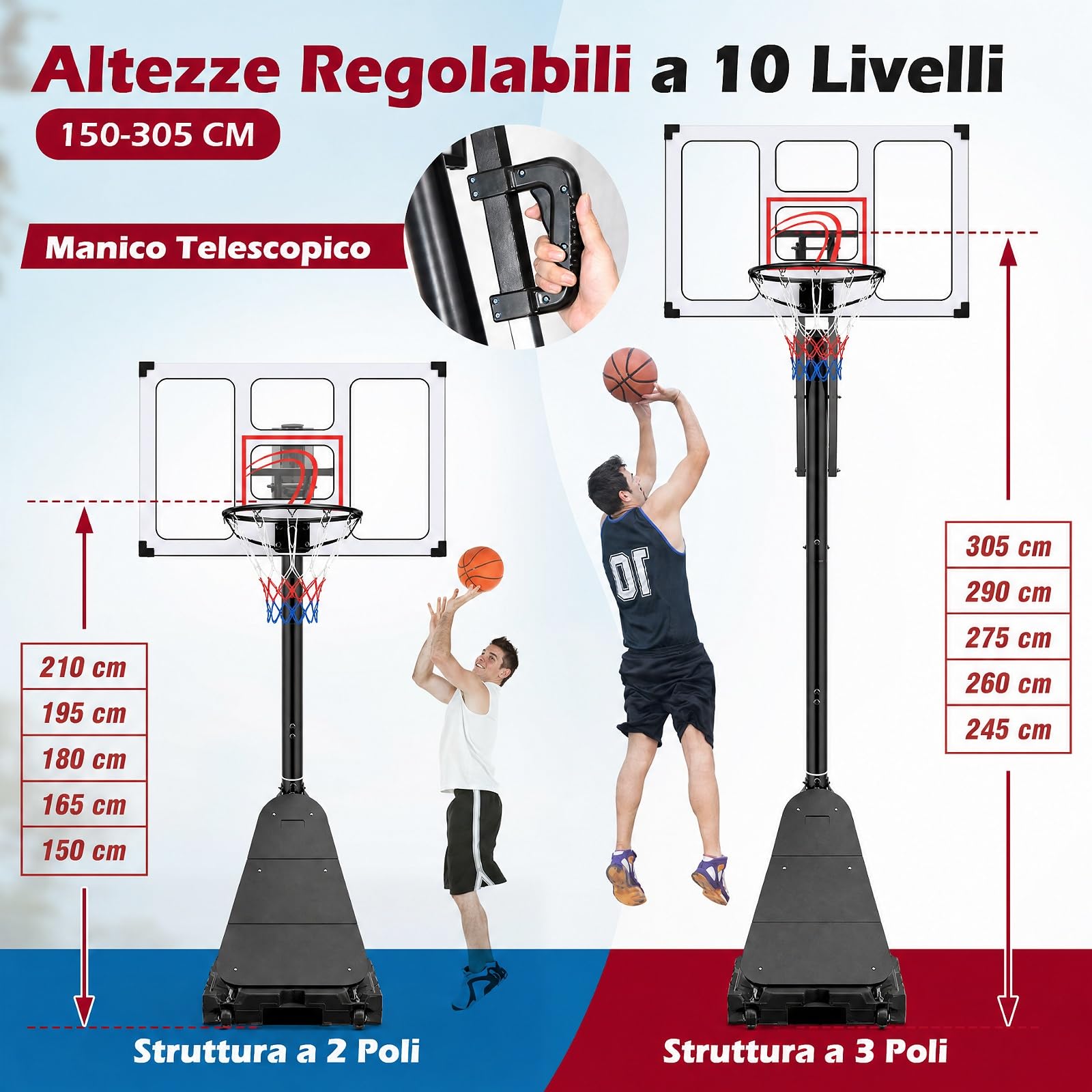 COSTWAY Canestro da Basket da Esterno ed Interno 305 cm | Canestro Basket Professionale con Altezza Regolabile, Ruote, Tabellone Infrangibile, Pannello di Rimbalzo e Base Riempibile