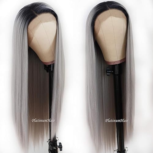 Miniatura 4 de Lezaxiu - Peluca de encaje frontal de pelo sintético largo y lacio, para mujeres negras, fibra de pelo resistente al calor, sin pegamento, densidad