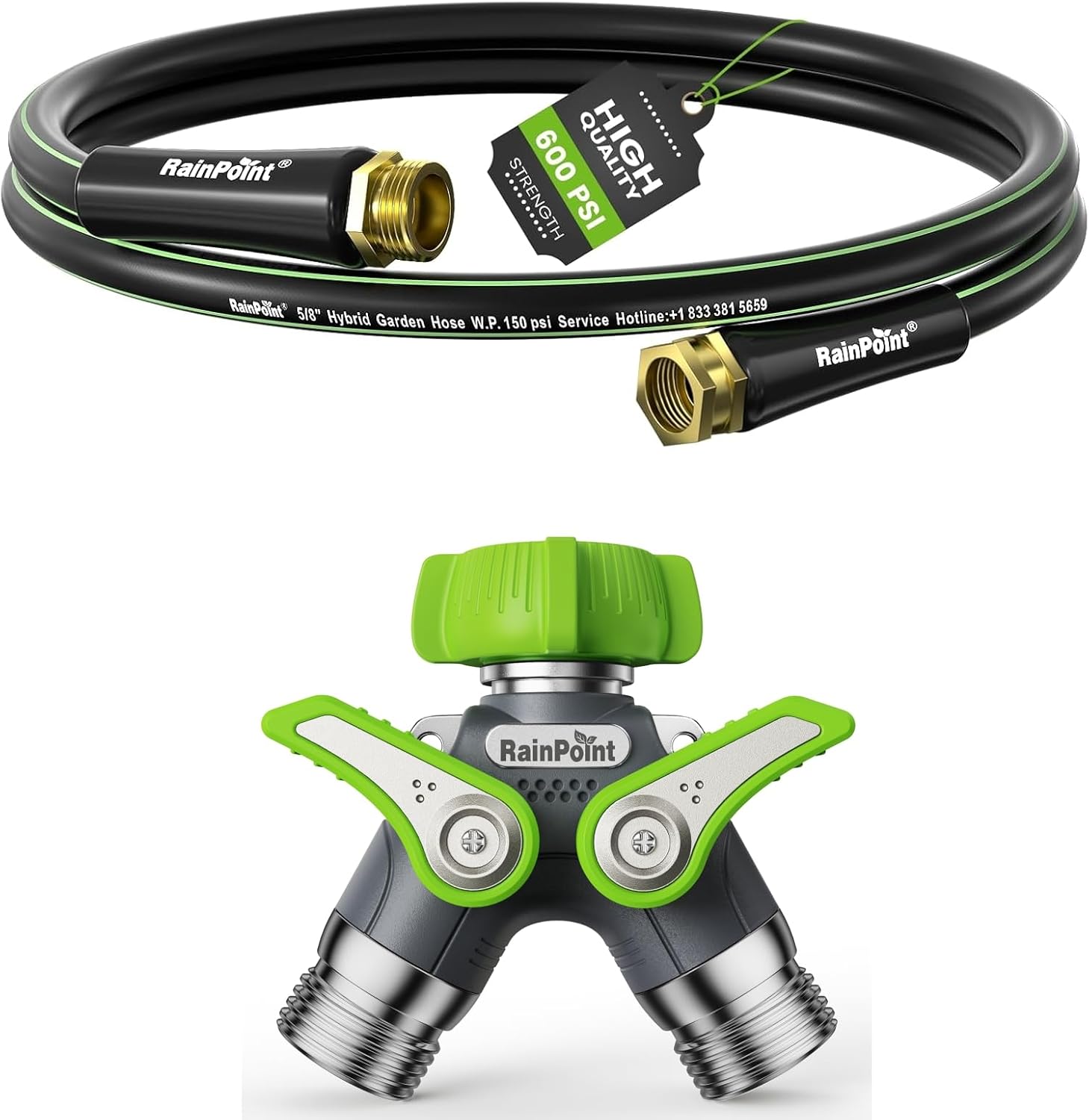 RAINPOINT Garden Hose Splitter 2 Way Heavy Duty & 15ft Garden Hose, 5/8", Male to Female