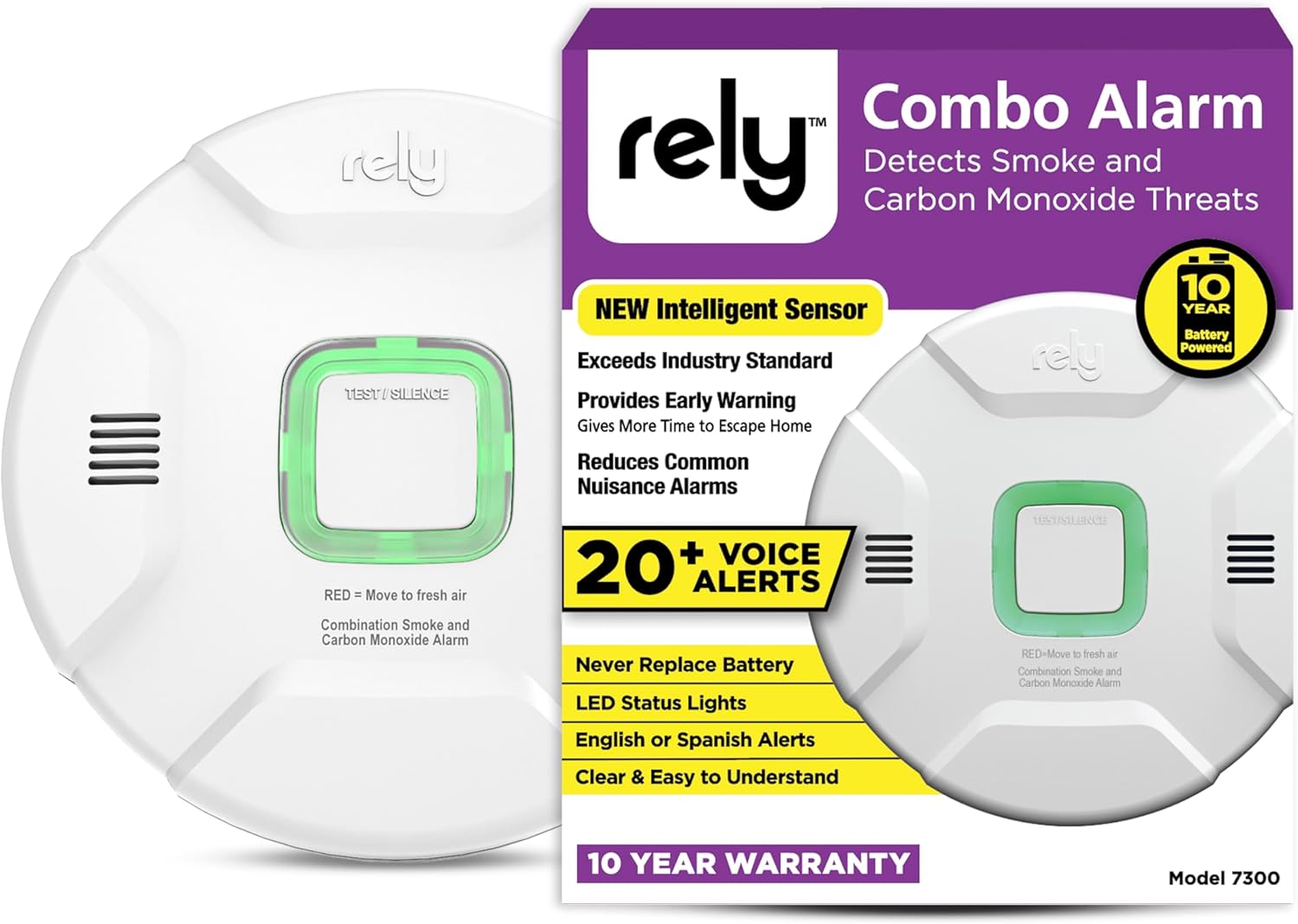 Rely 7300 2-in-1 Smoke & Carbon Monoxide Detector — 10-Year Sealed Battery Combo Alarm - RealAlerts Voice & LED Warning System - Fire & CO Protection - 1 Pack