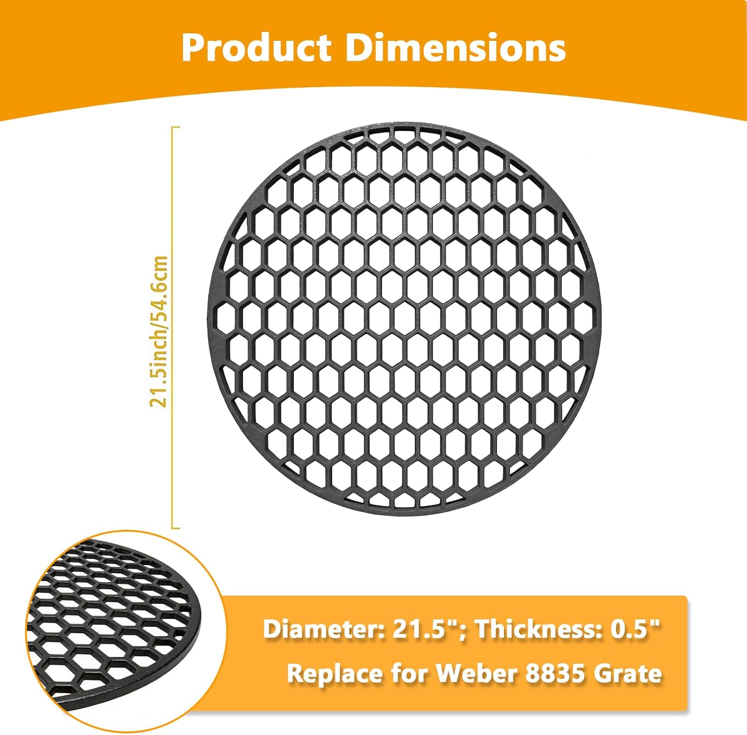 8835 Cast Iron Grill Grate for Weber 22" Kettle Grill, Heavy-duty Cooking Grid Replacement Part for Weber 22 Inch Kettle, Performer, Barrel Grills, Recteq Bullseye Charcoal Grills, 21.5" Diameter