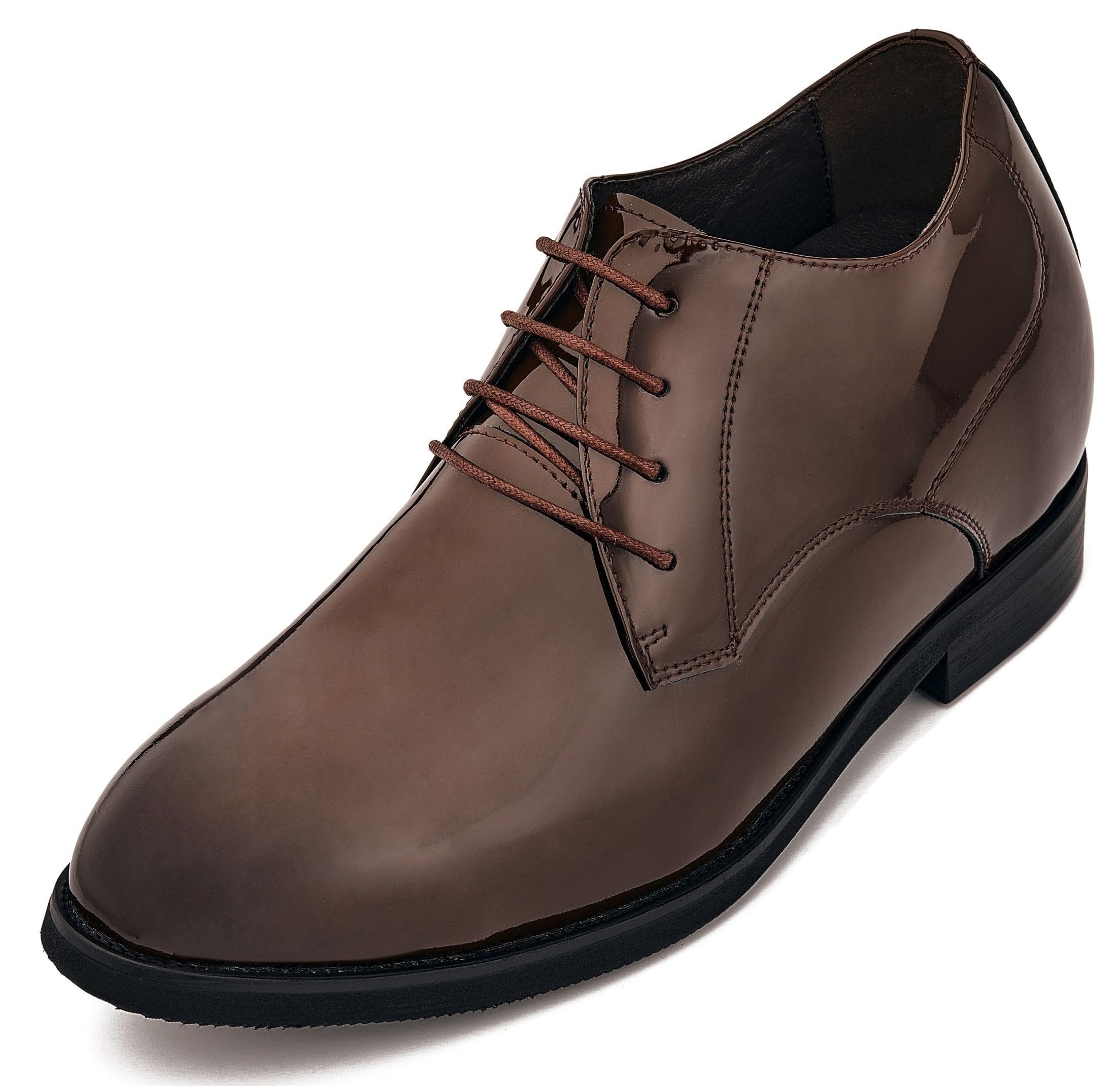 CALTO Men's Invisible Height Increasing Elevator Shoes - Coffee Brown Patent Leather Lace-up Formal Dress Oxfords - 3.4 Inches Taller - K8011 - Size