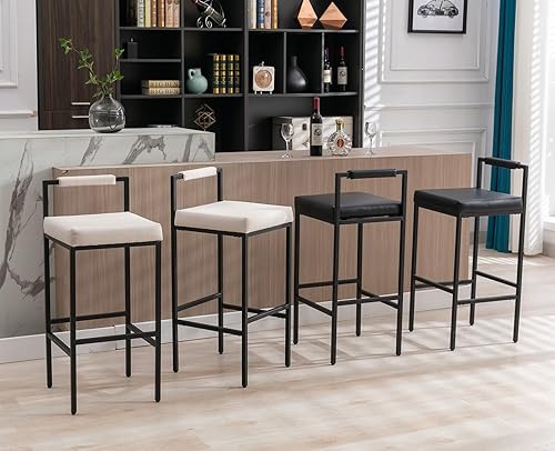 Miniatura 7 de Black Modern - Juego de 2 taburetes de bar de piel sintética, tapizados, cuadrados altos, taburete de bar industrial con respaldopatas de metal para