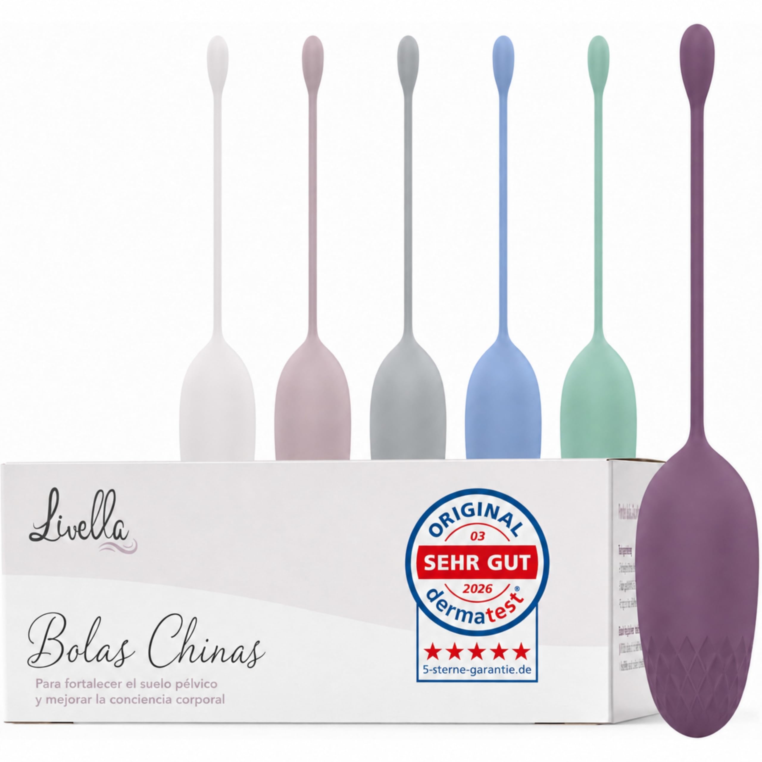 Livella | Bolas Chinas para fortalecer el suelo pélvico - 6 Pesos (25-110 g) - Entrenador de suelo pélvico para mujer de silicona médica, con cordón, para ejercicios Kegel, posparto y uso cómodo fácil
