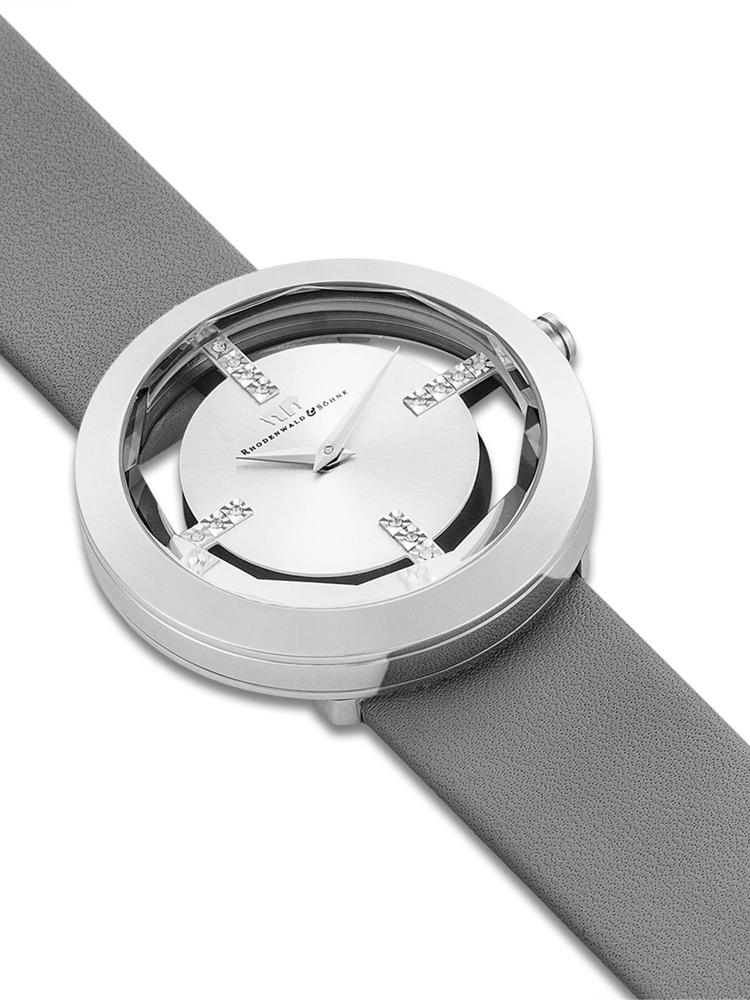 Rhodenwald & Söhne Lucrezia Damenuhr Edelstahl Silber 3 ATM Quarzwerk | verziert mit Kristallen,Echtlederarmband,grau,Fashionuhr,analog,Frauen,Skeletonoptik,Mineralglas