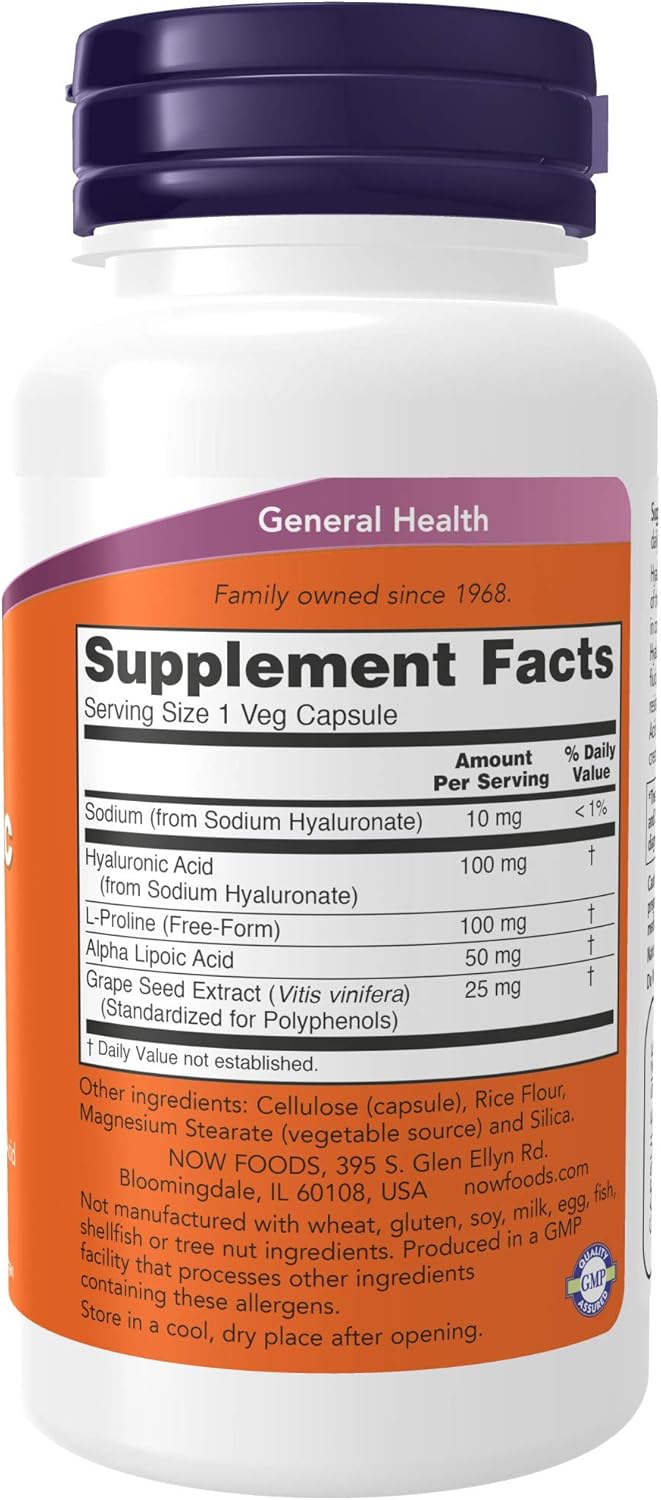 NOW Supplements, Hyaluronic Acid 100 mg, Double Strength with L-Proline, Alpha Lipoic Acid and Grape Seed Extract, 60 Veg Capsules : Health & Household