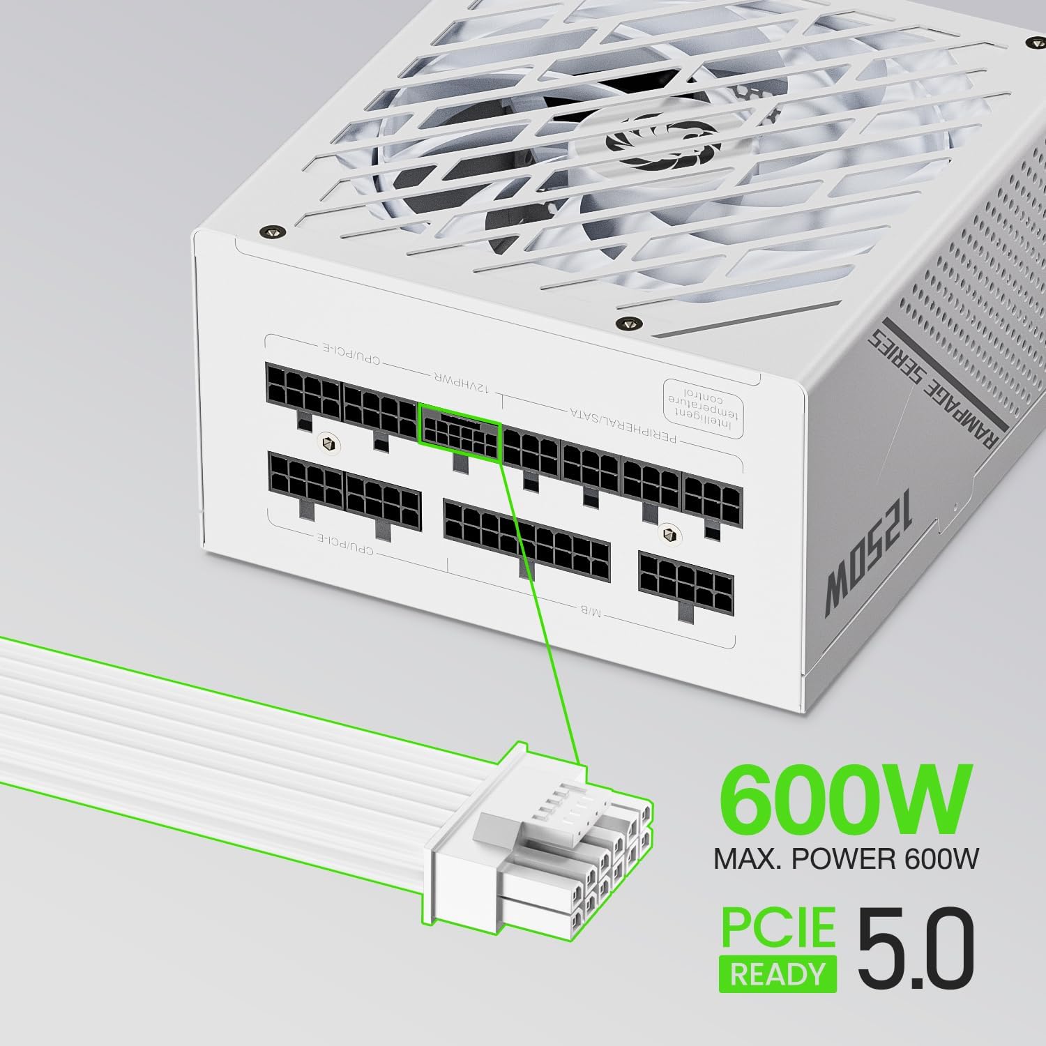 GAMEMAX Rampage Series, 1250W, Full Modular Power Supply, ATX 3.1 & PCIE 5.1 Ready, 80 Plus Platinum Certified, 105°C Japanese Caps, 135mm F.D.B Fan, 10 Year Warranty, GX1250, White