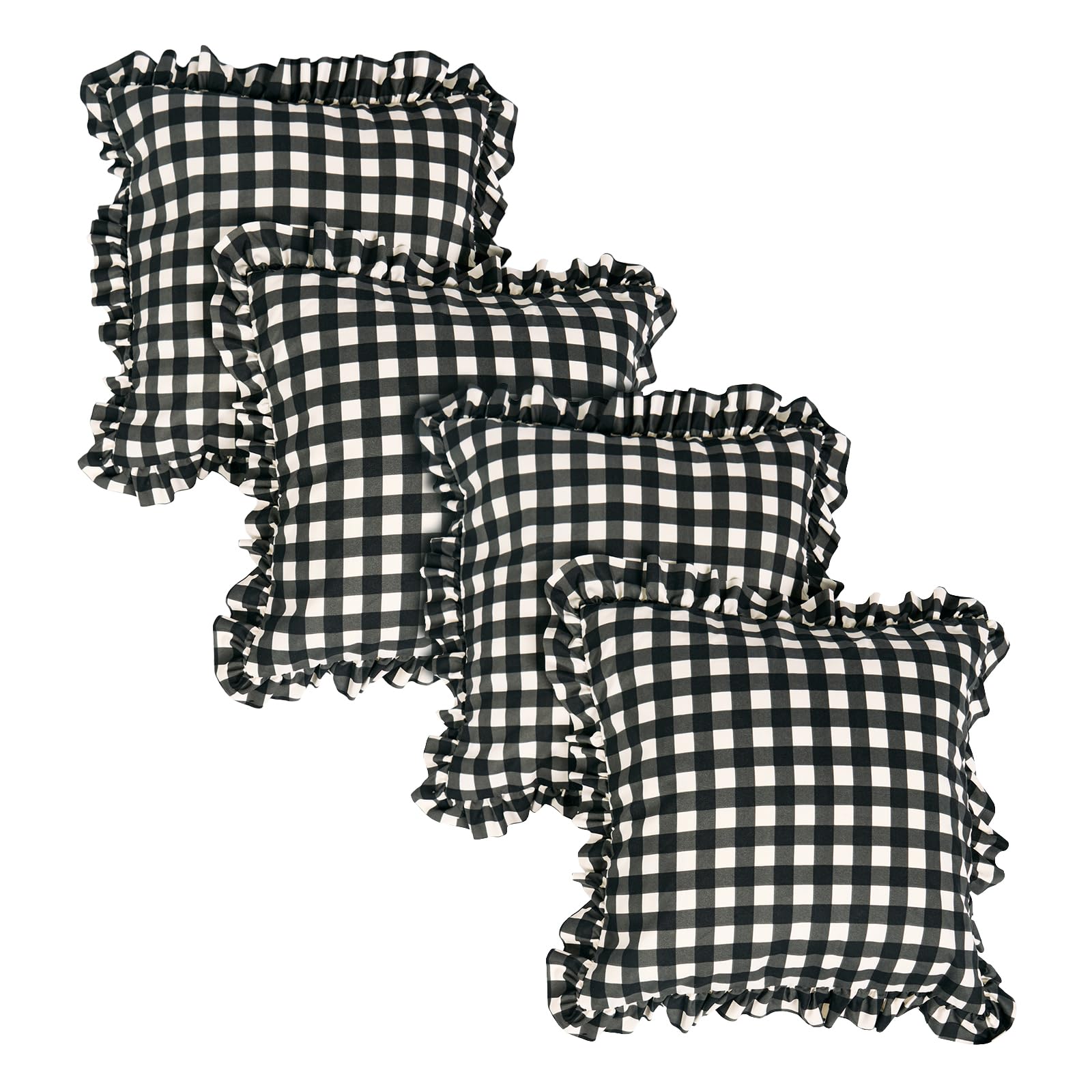 Ohs Monochrome Check Gingham Check Cushion Covers 45 X 45 Frill Edges Decorative Throw Pillow Covers Pack Of 4 Square Cushion Cover With Invisible Zipper For Sofa Living Room Bedroom, Monochrome