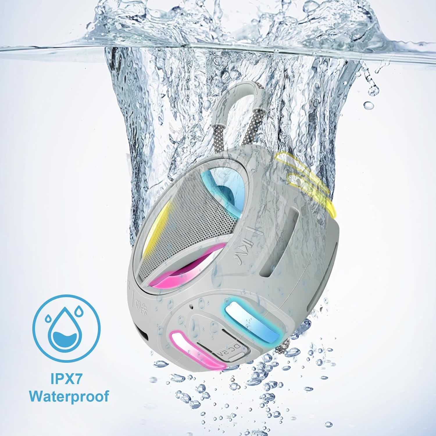 Portable Bluetooth Speaker, IPX7 Waterproof Shower Speaker, Wireless Outdoor Speakers, Floating, Built-in Mic, 24H Playtime with LED Lights, Loud HD Sound, Powerful Bass, Gifts for Unisex - Gray - Image 6