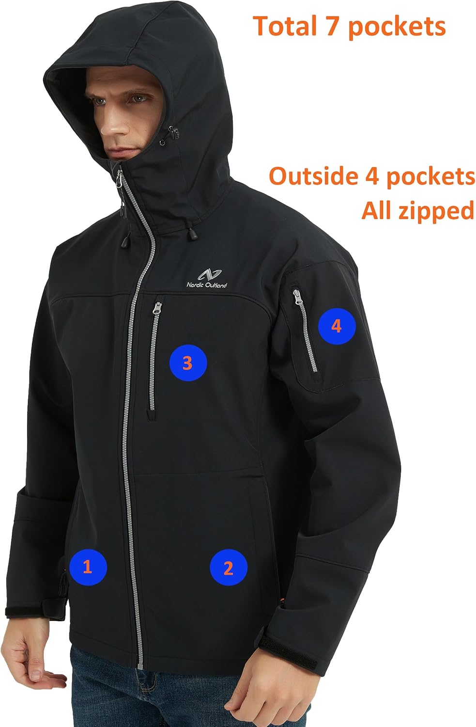 Men's Waterproof Softshell Rain Jacket, Hooded Windbreaker 7 Pockets, Lightweight Shell for Outdoor Activities - Image 2