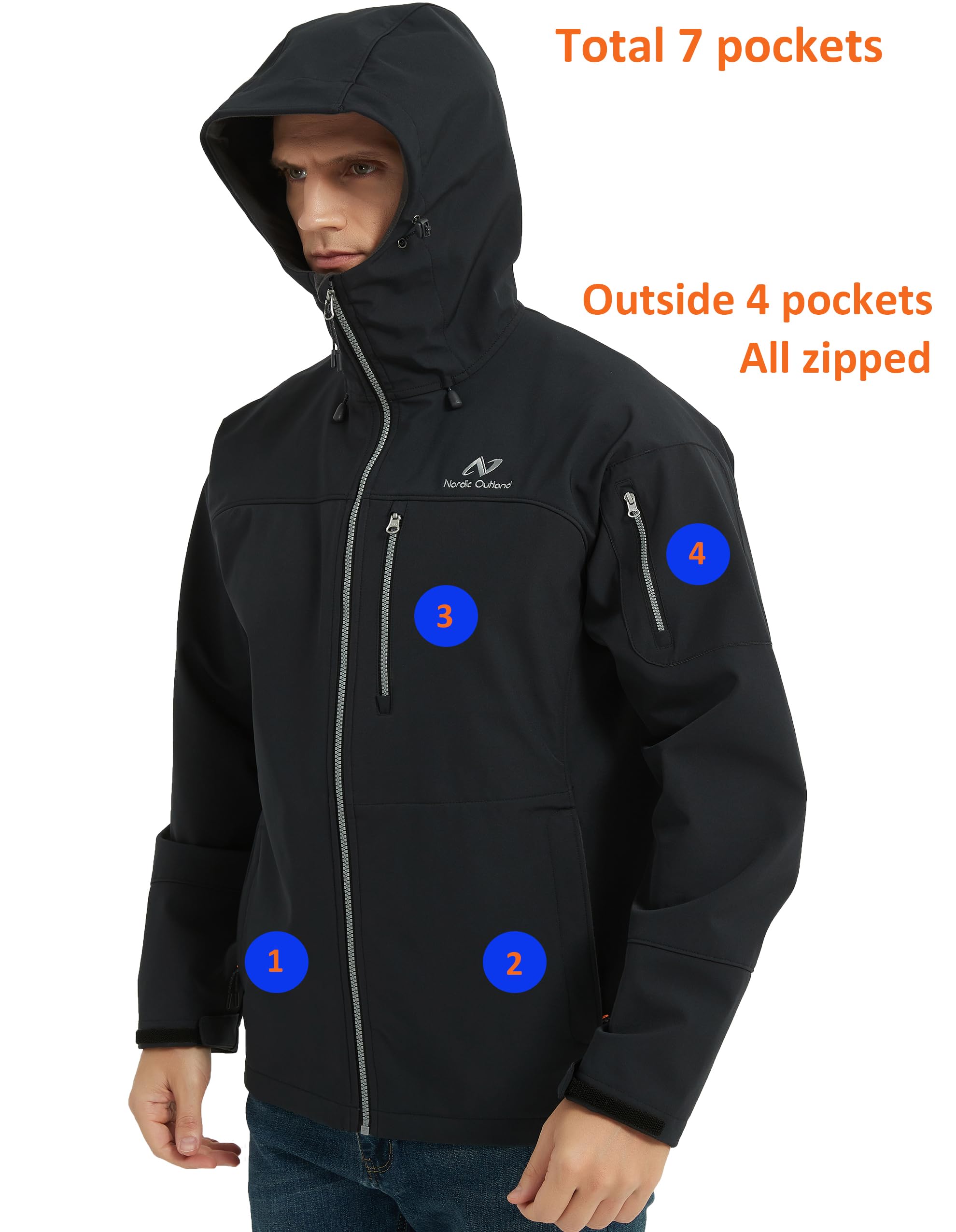 NORDIC OUTLAND Veste de pluie Softshell imperméable à capuche coupe-vent 7 poches pour activités de plein air