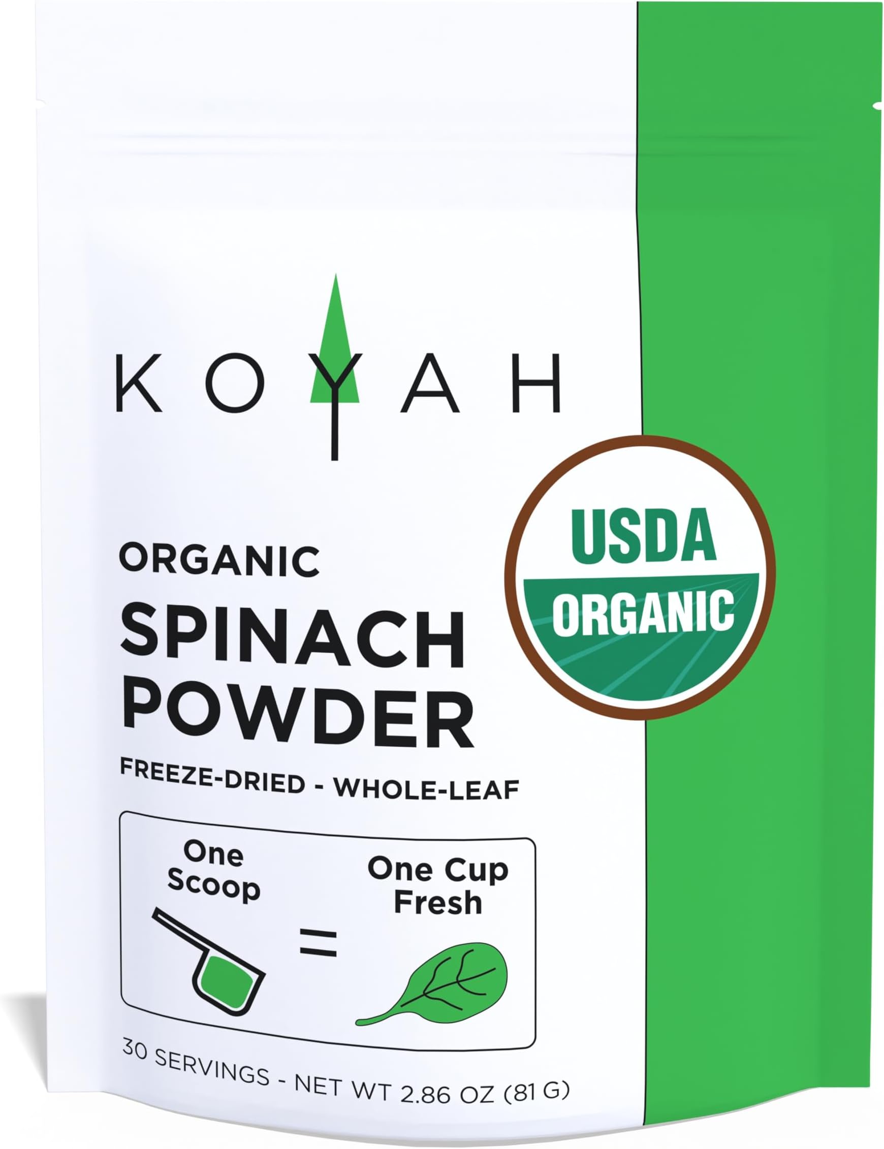 KOYAH - Organic Spinach Powder (Equivalent to 30 Cups Fresh): Freeze-Dried, Whole-Leaf Powder