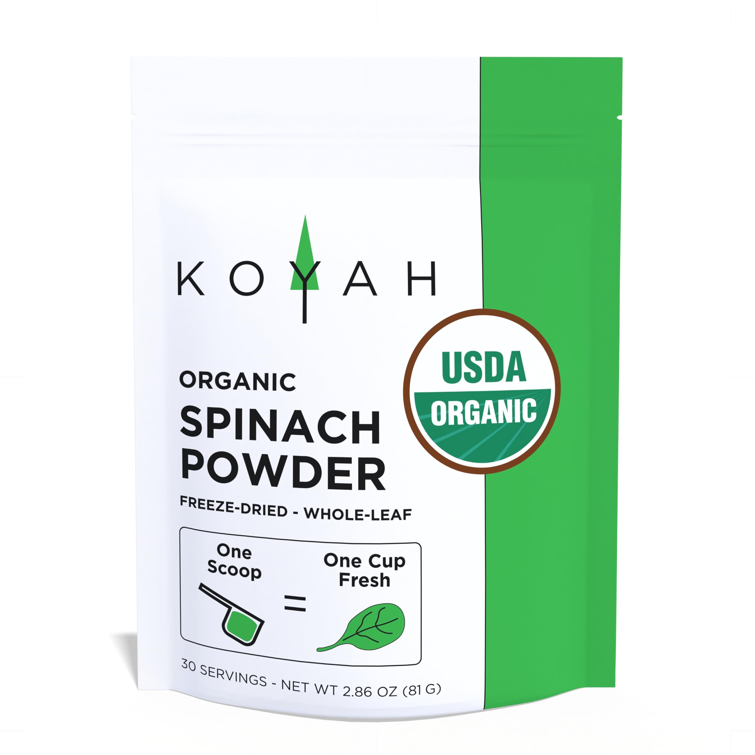 KOYAH - Organic USA Grown Spinach Powder (Equivalent to 30 Cups Fresh): Freeze-dried, Whole-Leaf Powder