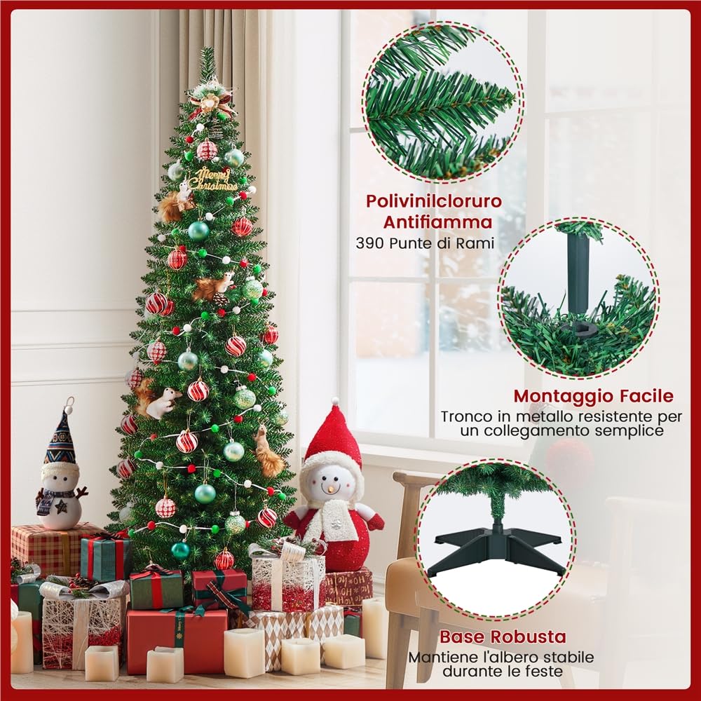 Yaheetech Slim Albero di Natale Artificiale in PVC Alto e Stretto con Base in Plastica Decorazione Natalizia Casa Ufficio 60 × 60 × 183 cm Verde