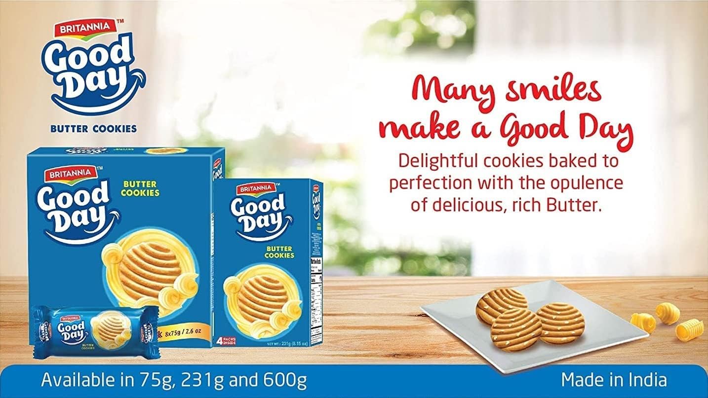 Britannia Good Day Butter Cookies Family Pack 21.2oz (600g) - Breakfast & Tea Time Snacks - Delicious Grocery Cookies - Halal and Suitable for Vegetarians (Pack of 4)