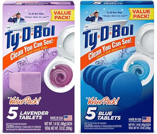 Ty-D-Bol Tabletas limpiadoras de inodoro sin blanqueador, paquete variado, 1.4 onzas, paquete de 10, 5 pastillas de lavanda y 5 azules