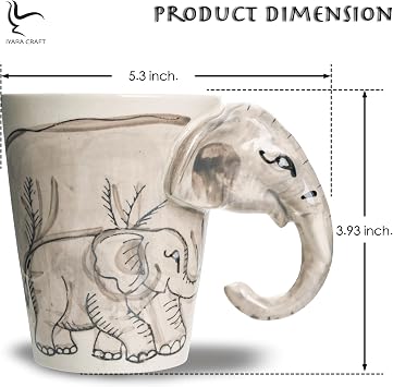 IYARA CRAFT 3D Elephant Mug 11oz Ceramic Cup with Sculpted Trunk Handle, Microwave & Dishwasher Safe, Mom and Baby Elephant Design