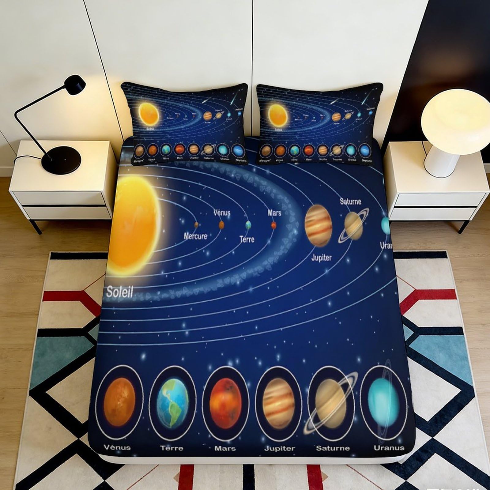 3D Printed Solar System Fitted Sheet Microfiber Deep Pocket Non-Slip Bedding Set Planets Mattress Fitted Cover Washable for Adults Teens Bedroom 200x200x25cm