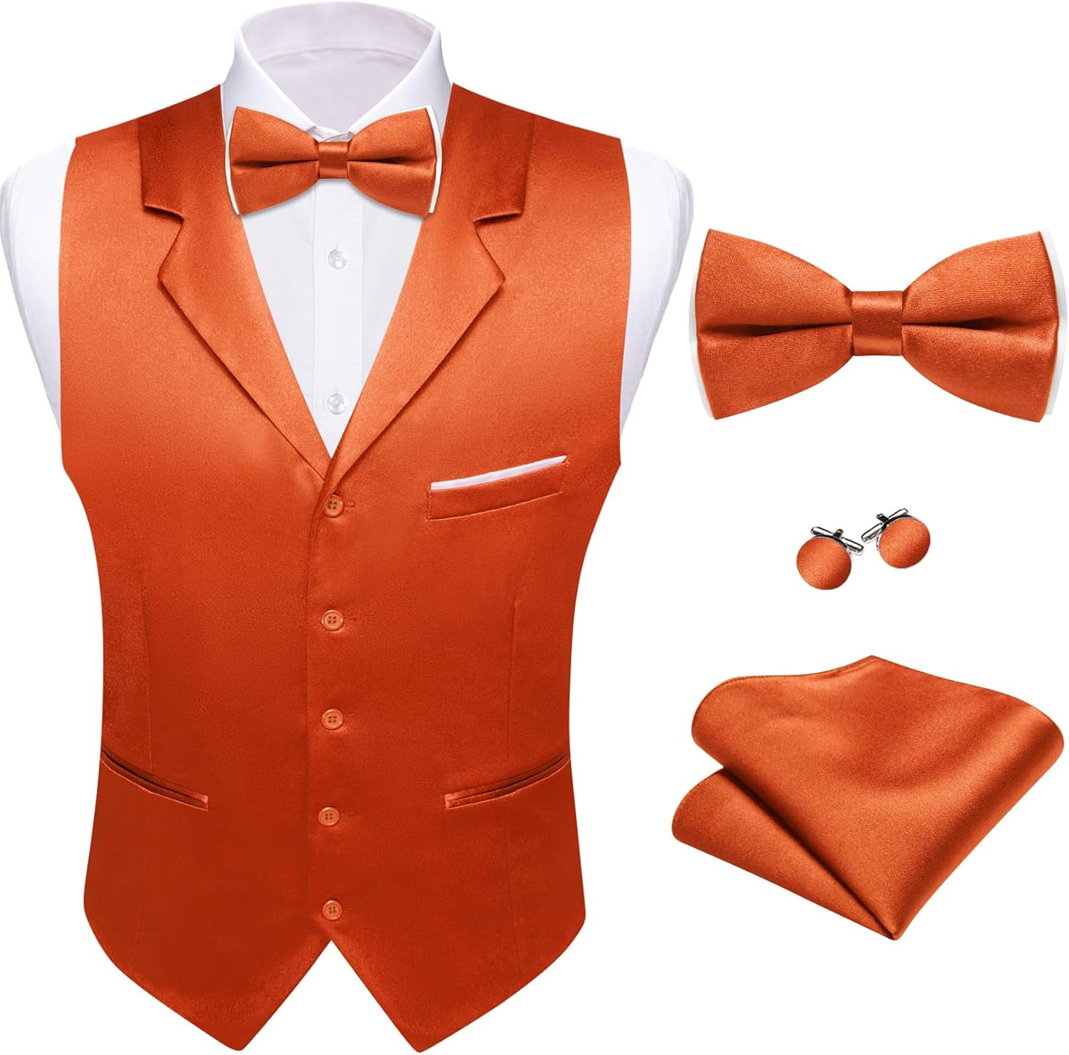 Barry.Wang Mens Suit Vest Bowtie Set Lapel Collar Formal Waistcoat Cufflinks Pocket Square Business Tuxedo Wedding Party 5PC