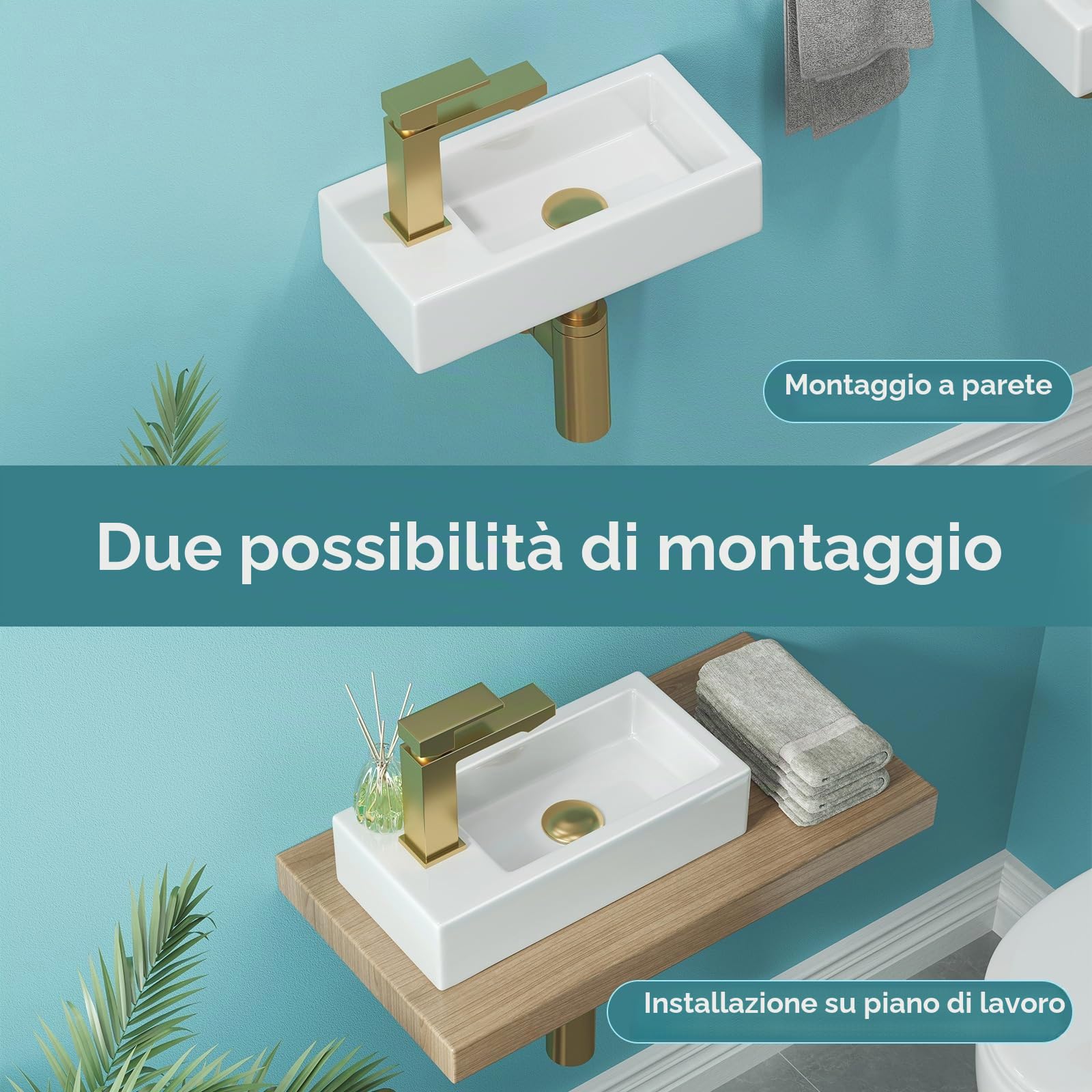 Lavabo piccolo, lavabo per ospiti, bagno, mini lavabo in ceramica, foro per rubinetto sinistro, bianco, 37 x 18,5 x 9 cm