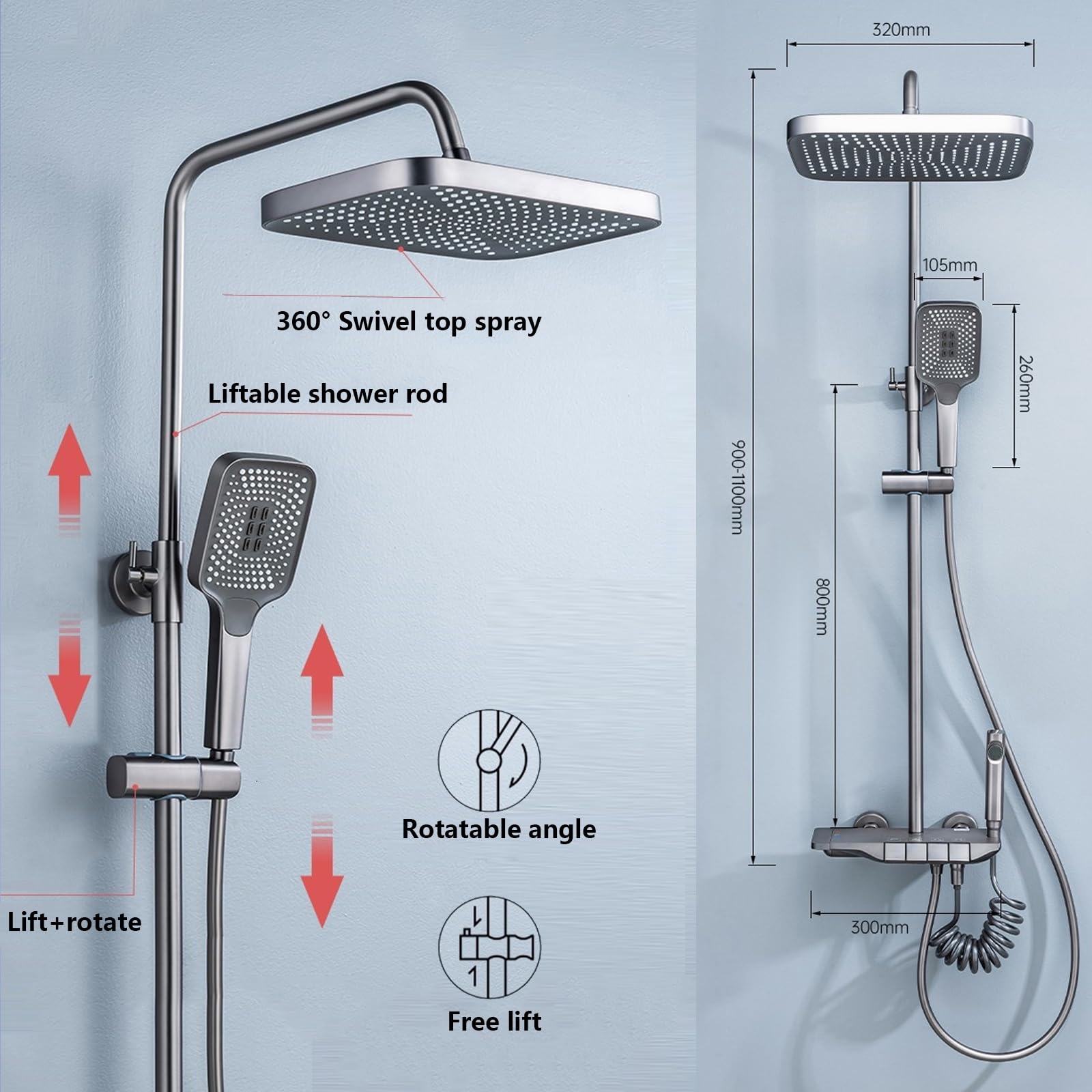 Set Miscelatore termostatico per Doccia, Sistema Regolabile in Altezza, Rubinetto per Vasca a 4 funzioni con soffione Quadrato e doccetta ad Alta Pressione a 3 modalità (Nero)