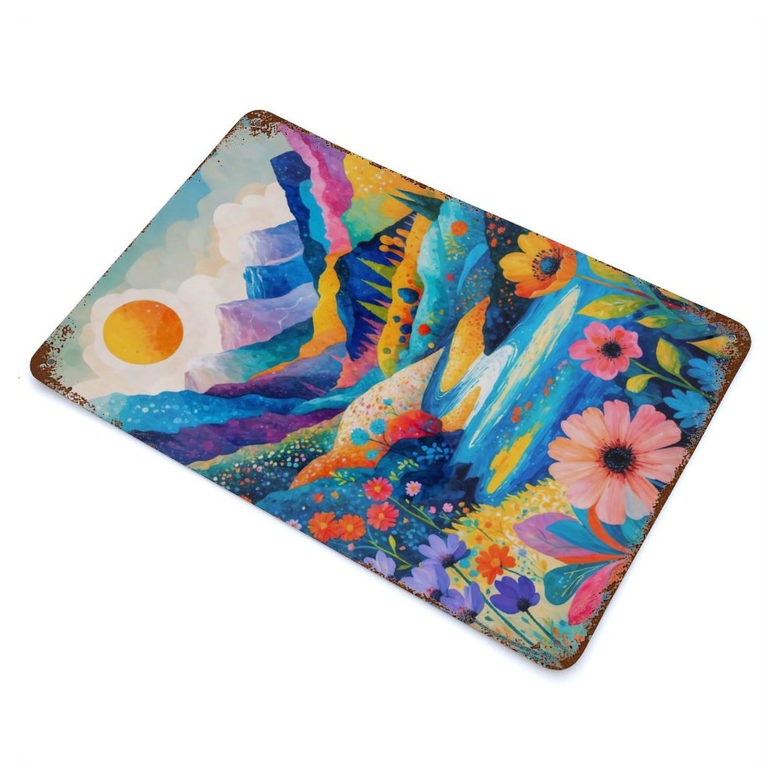 Vibrant Mountain Valley Painting Decorative Tin Sign 11.8"x7.9", Retro Wall Decor for Living Room, Hallway And Home Decor